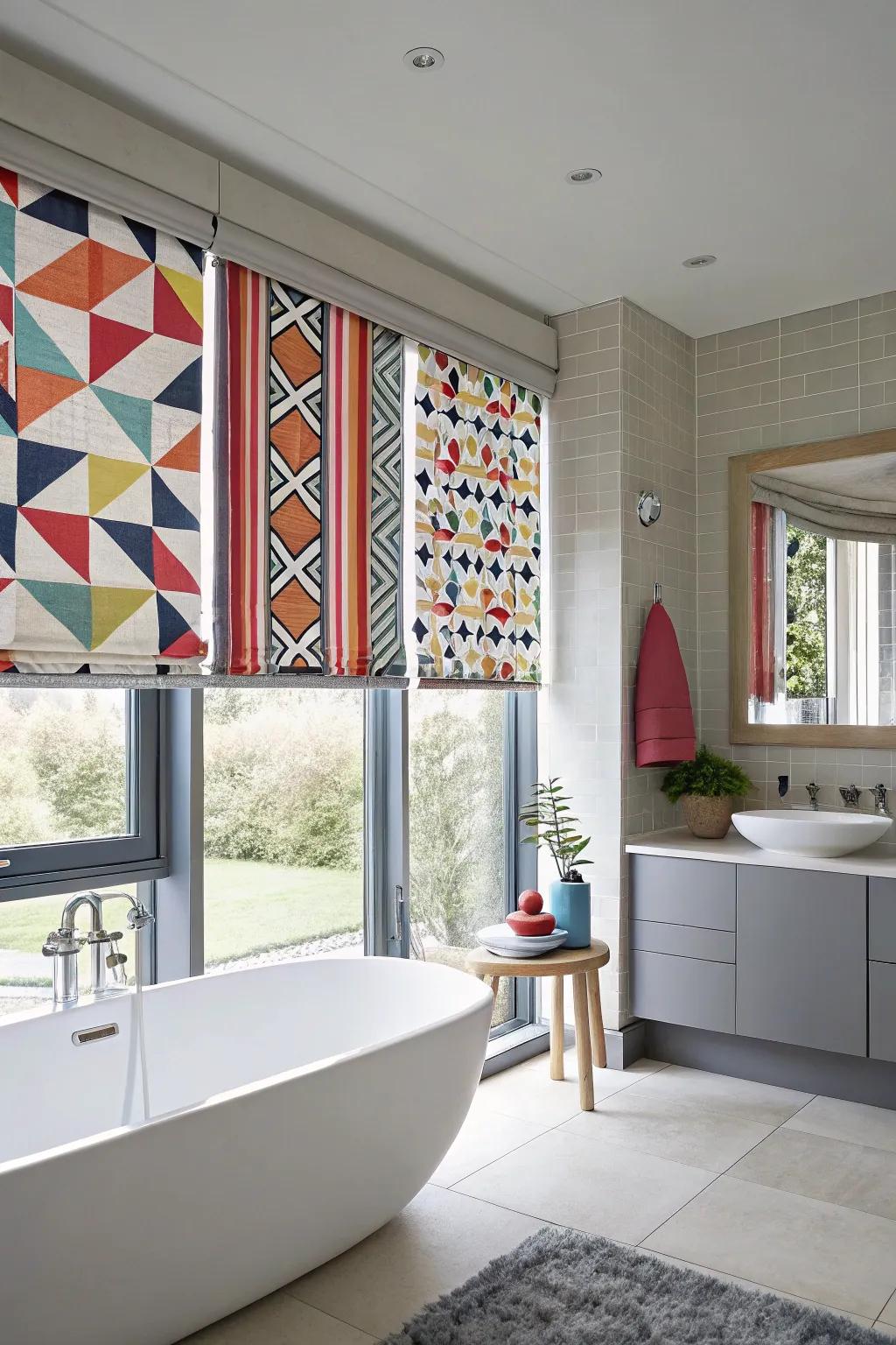 Geometric patterned blinds add a modern touch.