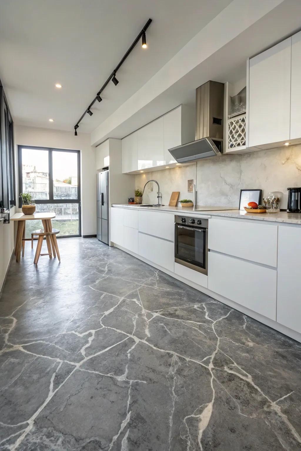 An urban kitchen featuring sleek concrete-style marble floors.