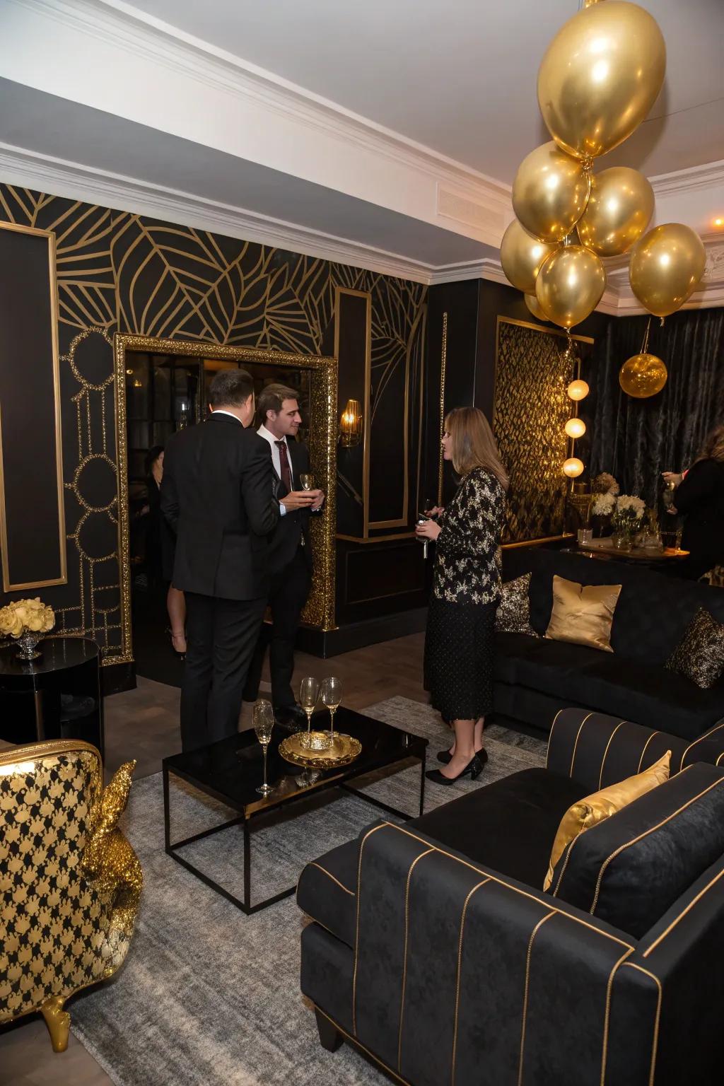Elegant black and gold themed party setting