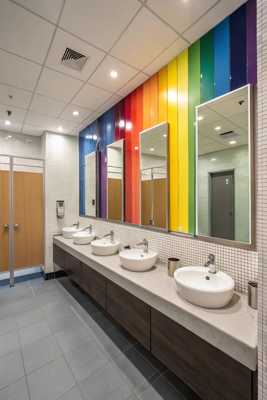 A rainbow feature wall adds happiness to any bathroom.