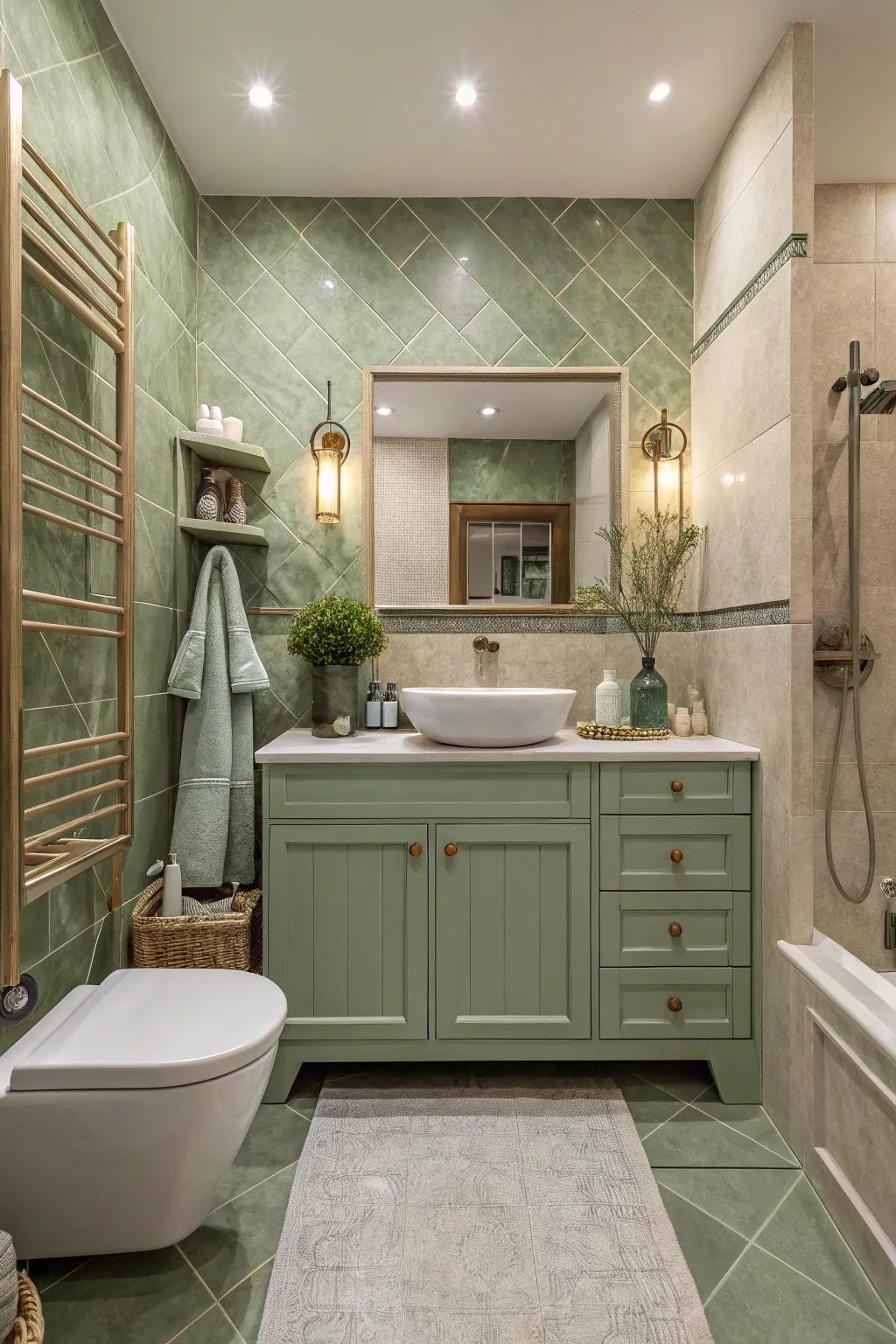 Sage green decor elements add cohesion and elegance.