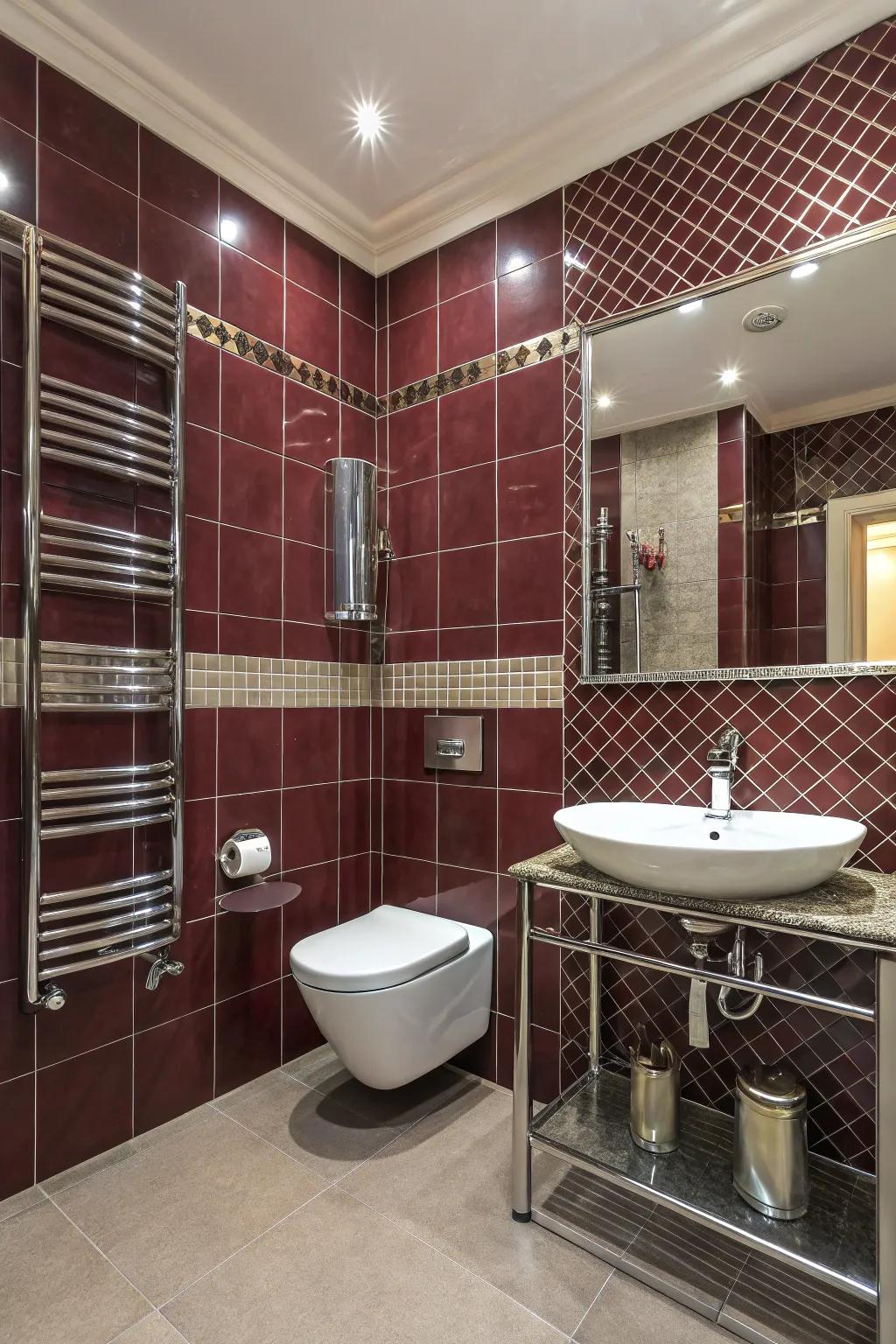 Maroon tiles add texture and richness to the bathroom decor.