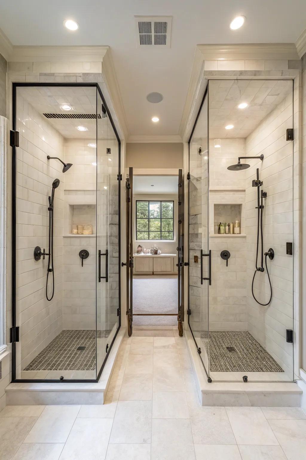 A spacious walk-in double shower with a modern open layout.