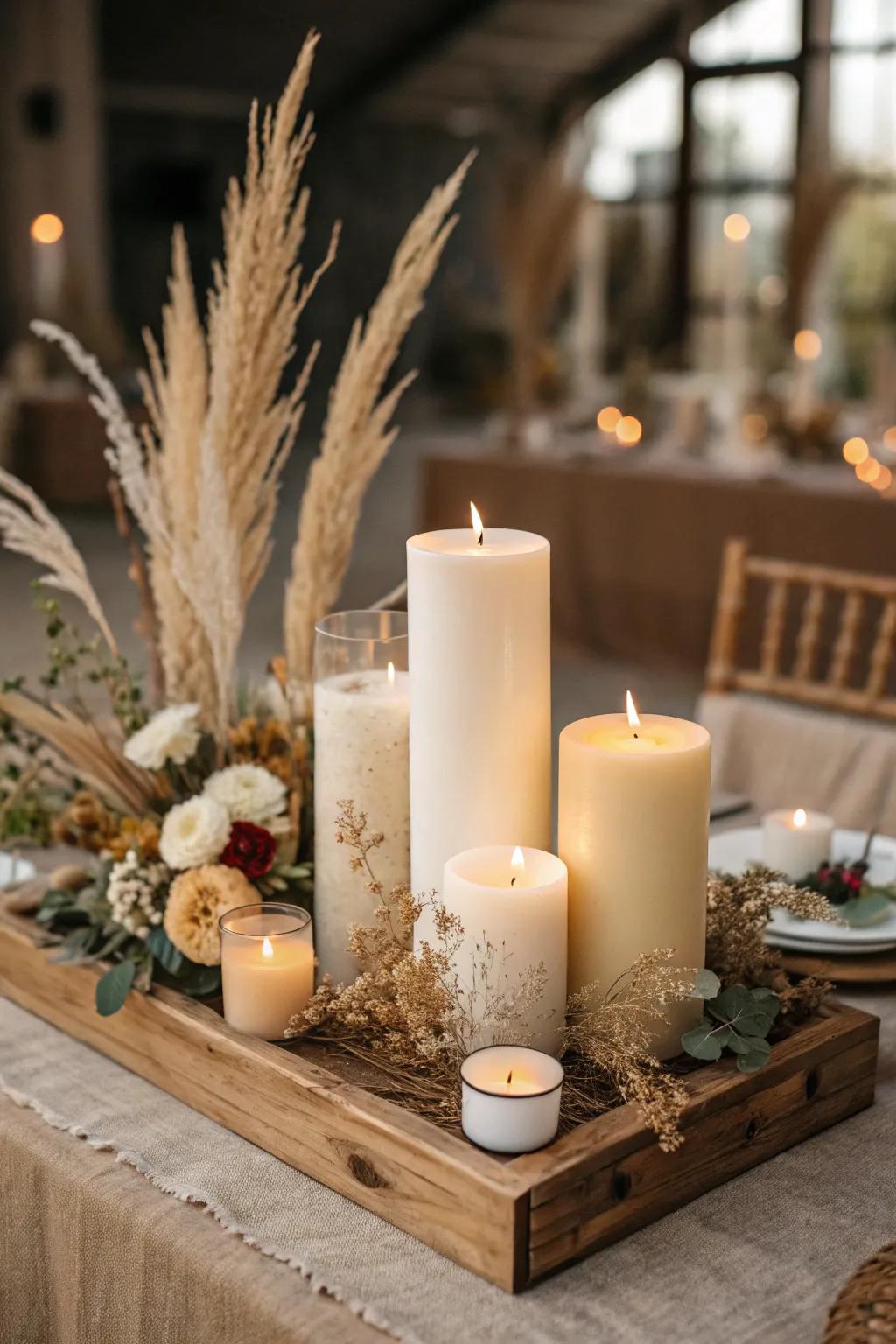 Illuminate your fall wedding with a simple yet stunning candle centerpiece that exudes warmth and elegance.