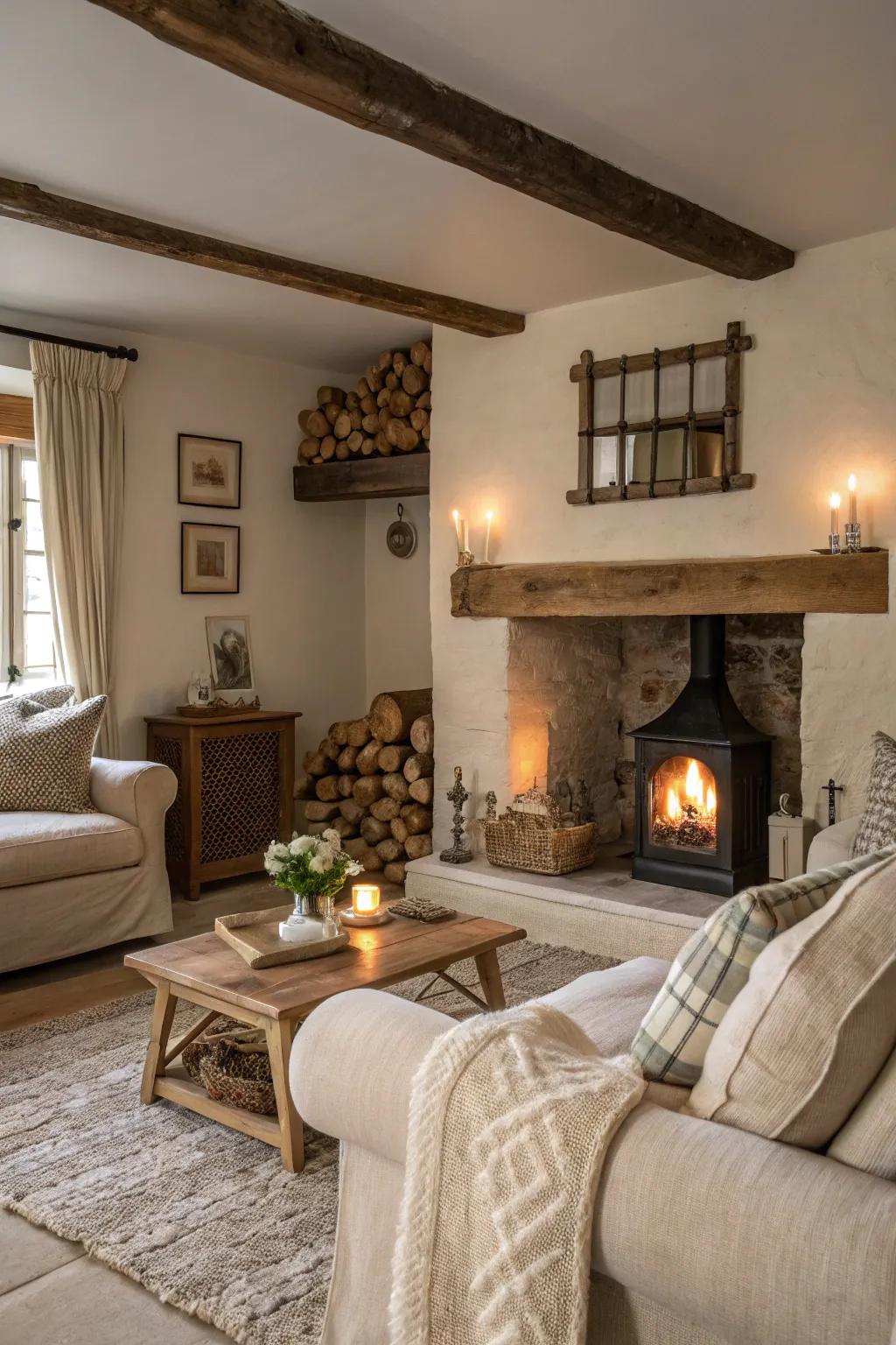 Neutral colors create a serene and cozy fireplace setting.