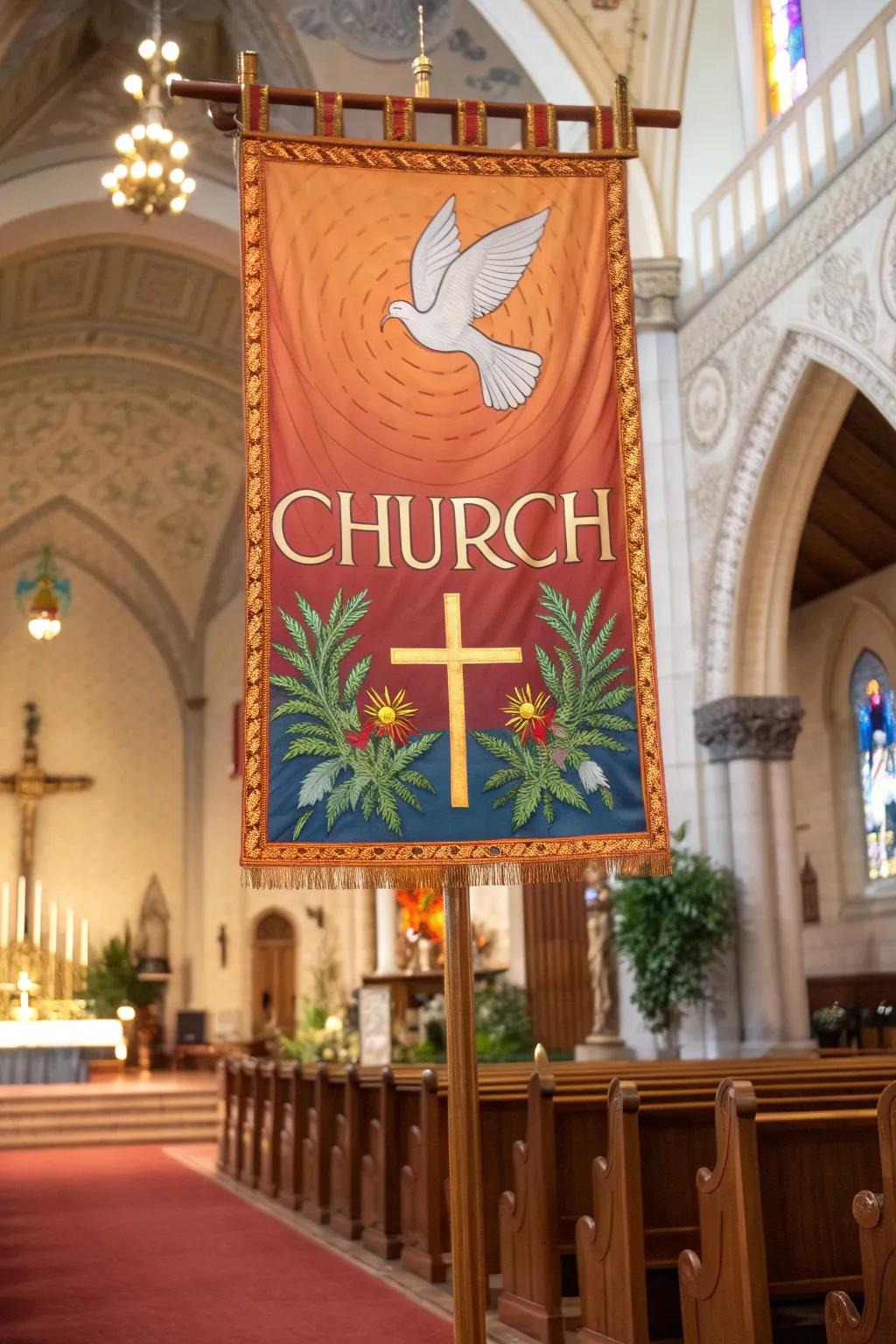 Biblical imagery on banners adds depth and meaning to church decor.
