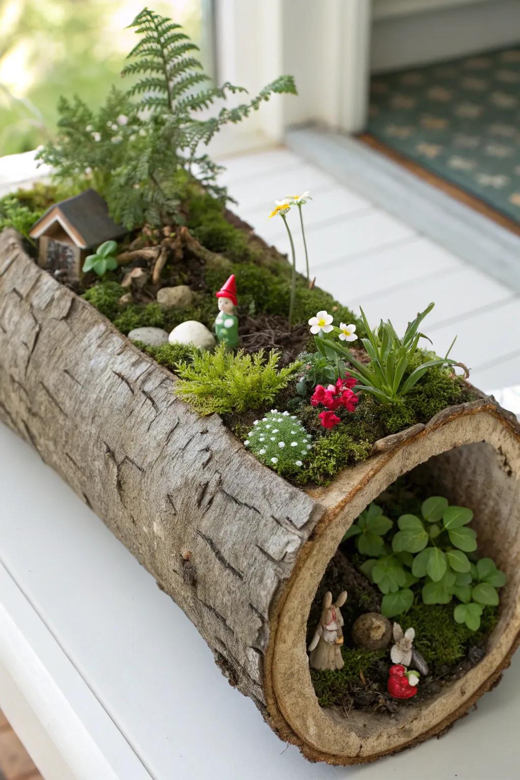 Embrace rustic elegance with a fairy garden nestled in a hollowed-out log, where nature's beauty meets whimsy.