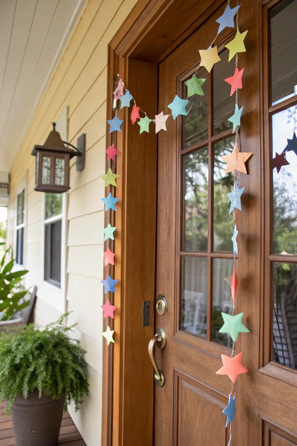 A creative paper star garland on a front door