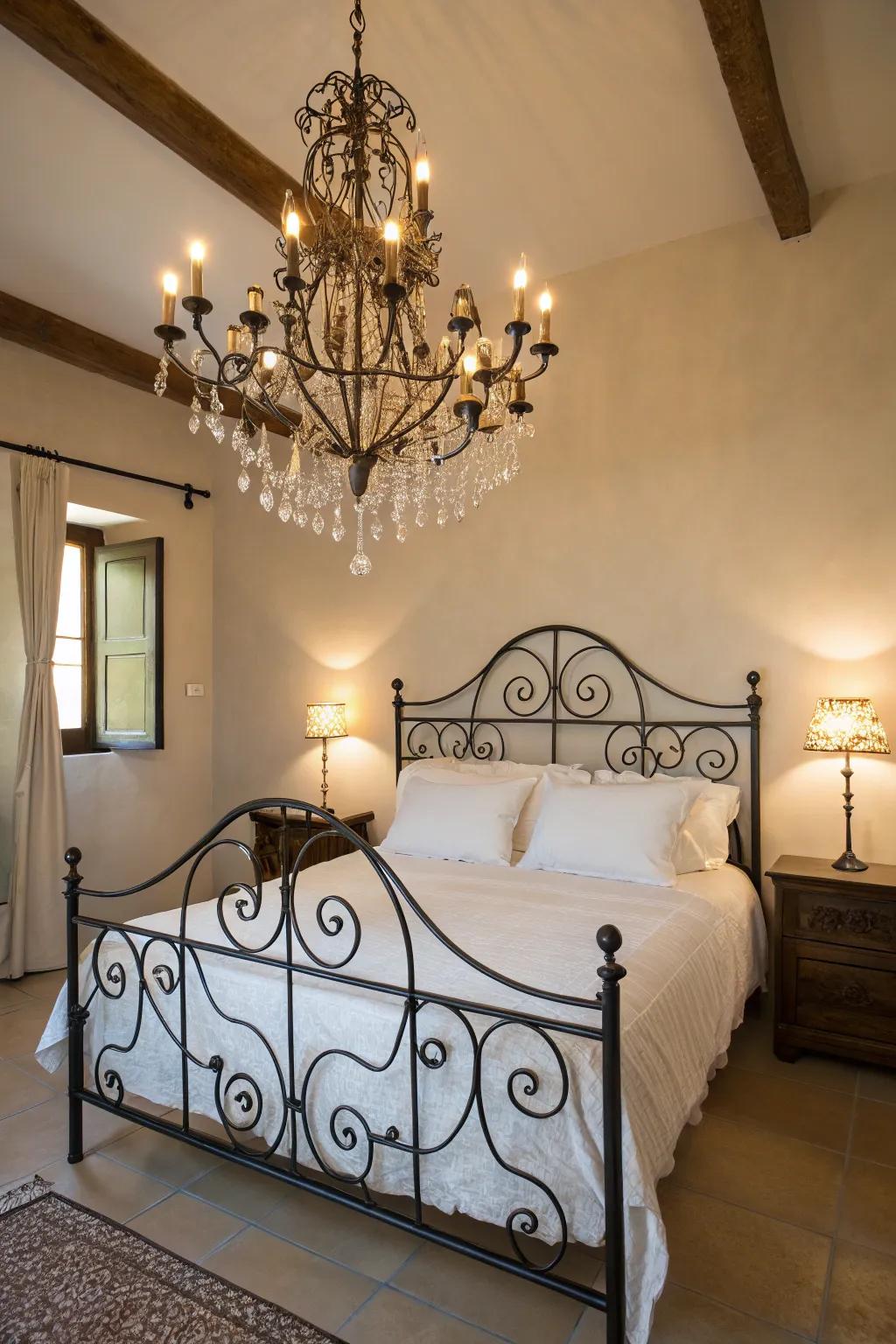 A chandelier casts a warm glow, enhancing the room's opulence.