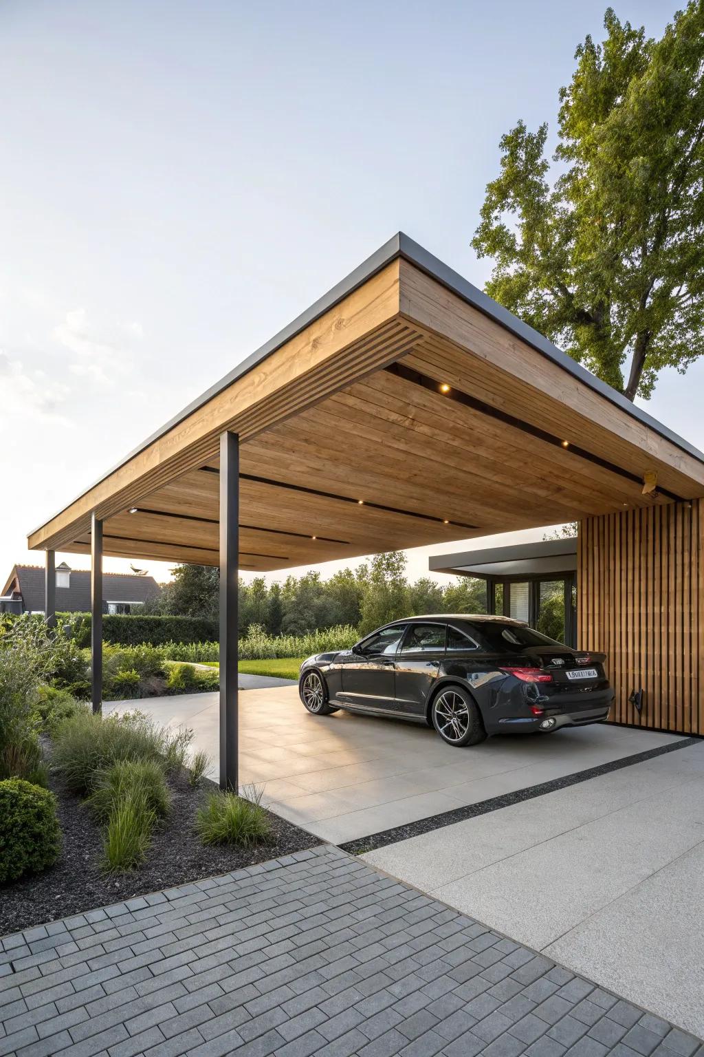 A dramatic floating roof carport design for modern appeal.