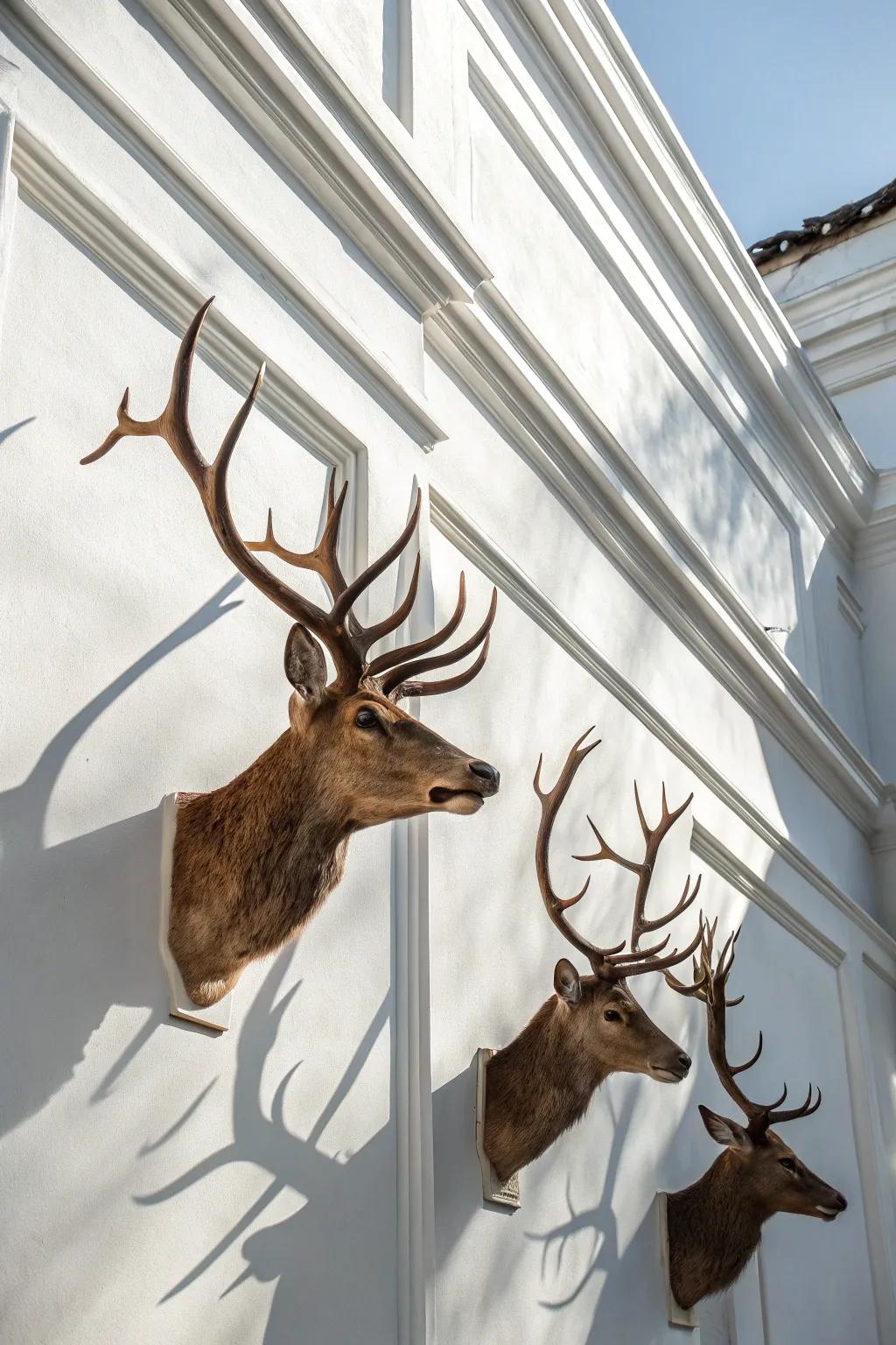 Transform your wall with an artistic arrangement of deer antlers.