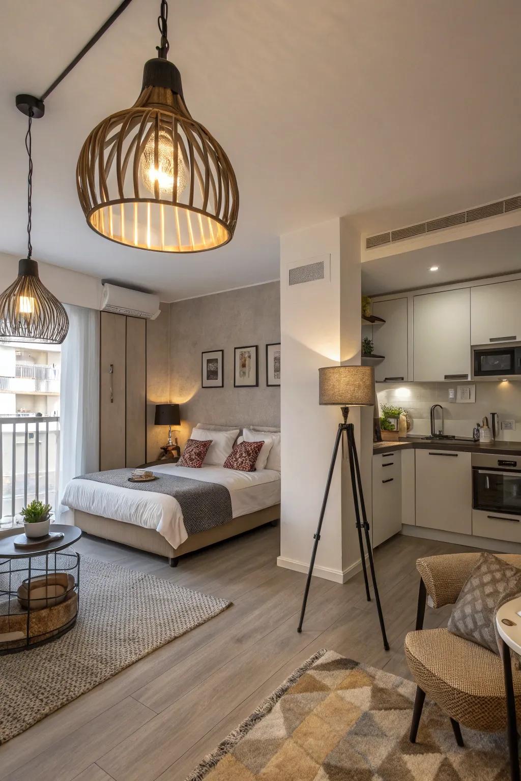 Distinct lighting helps to delineate areas and enhance the room's ambiance.