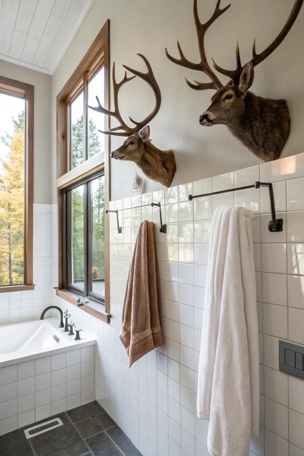 Add rustic charm to your bathroom with deer antler towel hooks.