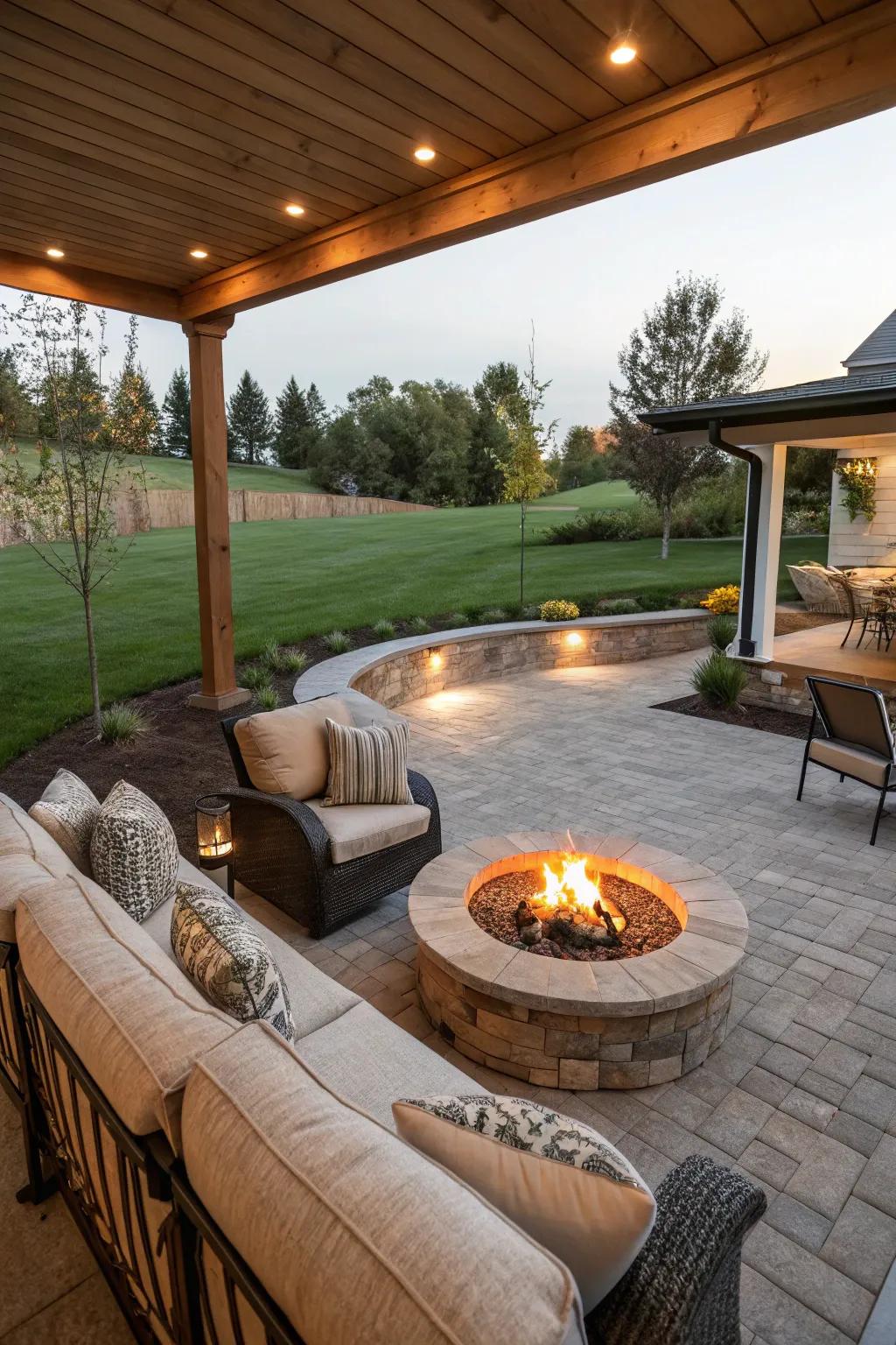 A walkout basement patio featuring a central fire pit and inviting seating.