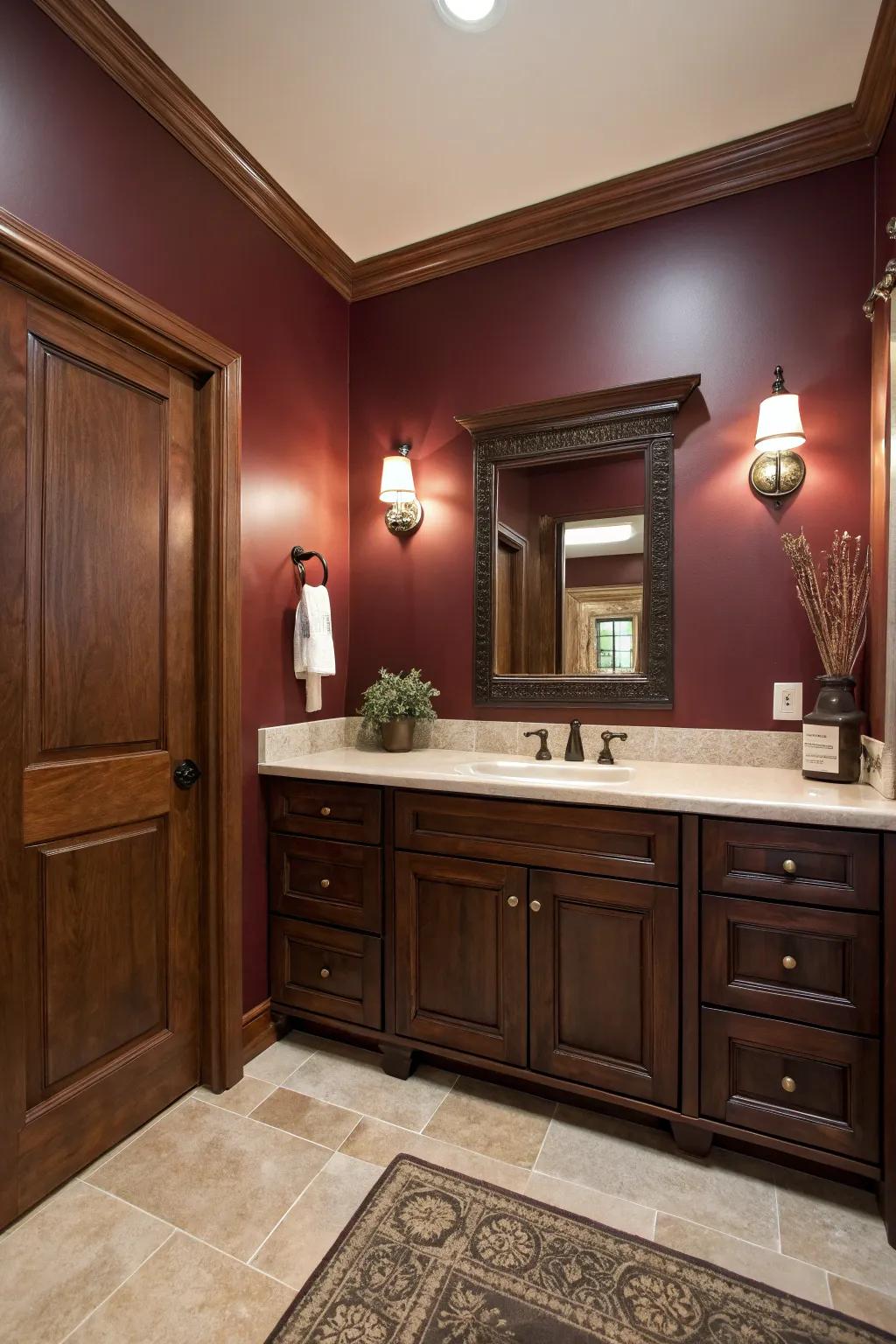 Wooden elements introduce warmth and contrast to a maroon bathroom.