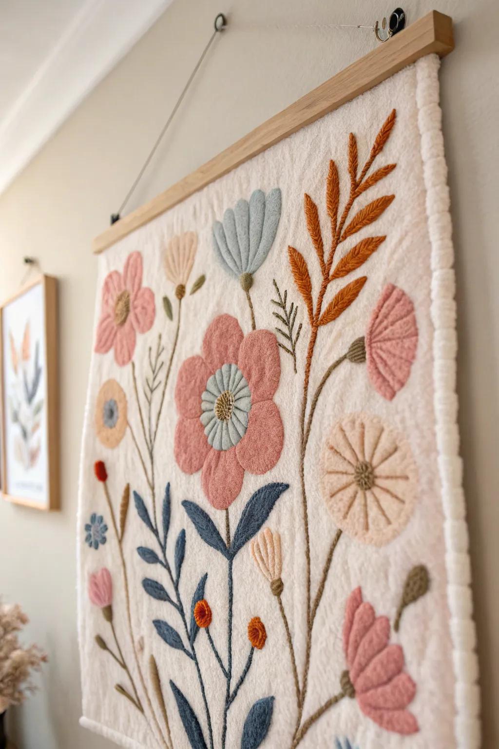 Discover the beauty of nature with this exquisite floral felted wall art, a perfect blend of minimalist elegance and bohemian charm.