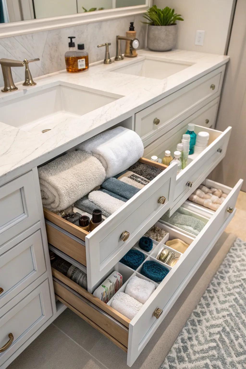 A bathroom cabinet converted into drawers, providing organized storage space.