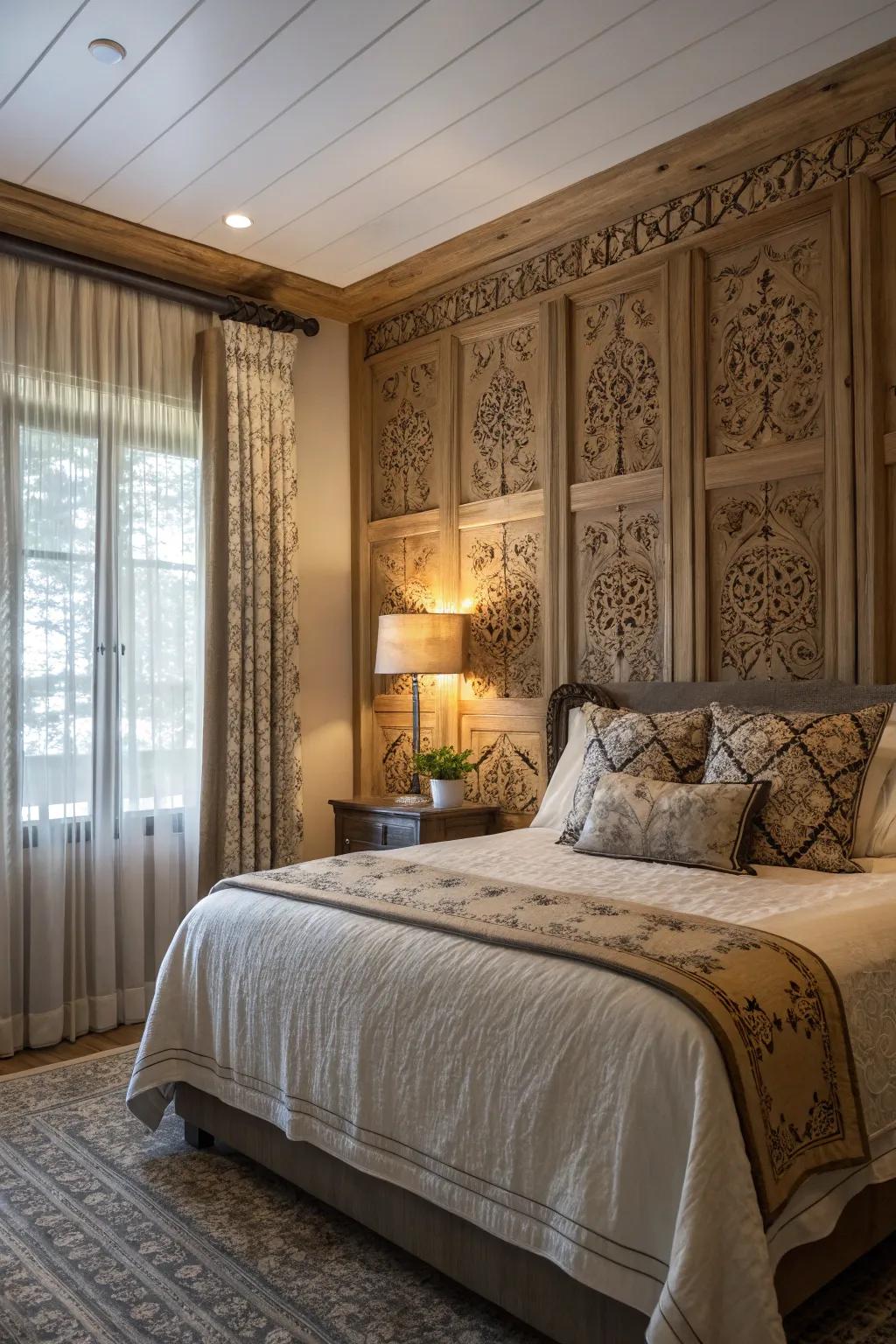 Guest bedroom with charming beaded-board wood paneling.