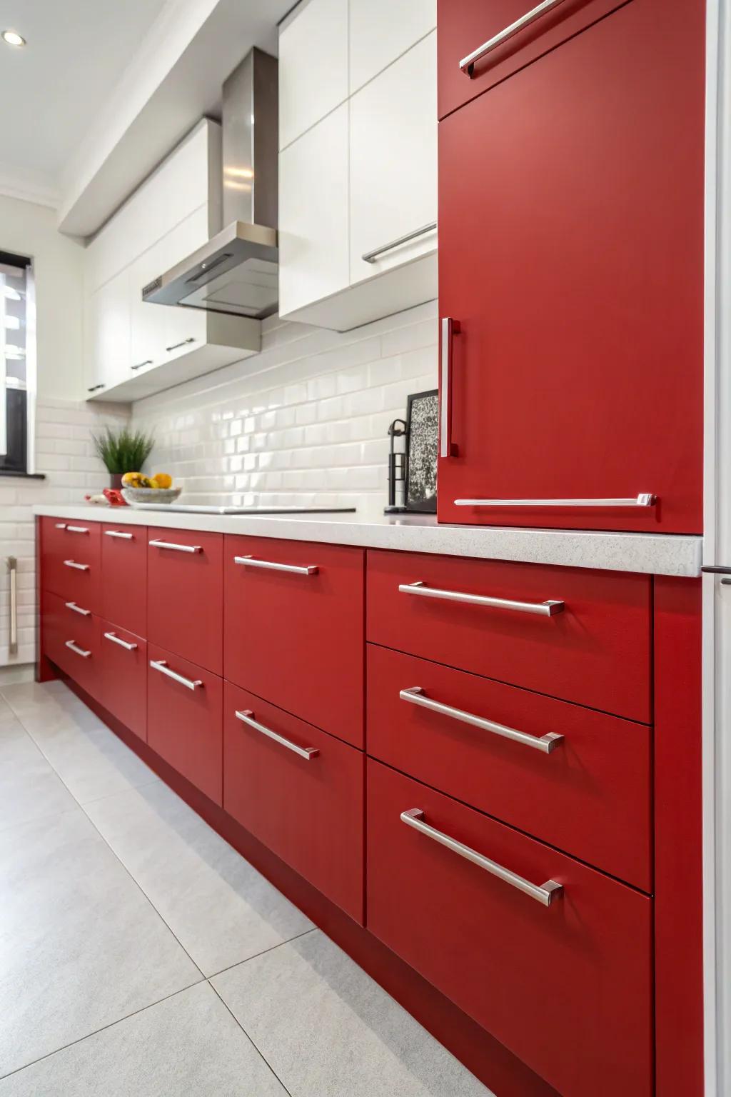 Bold red cabinets with chrome handles create a striking contrast in a modern kitchen.