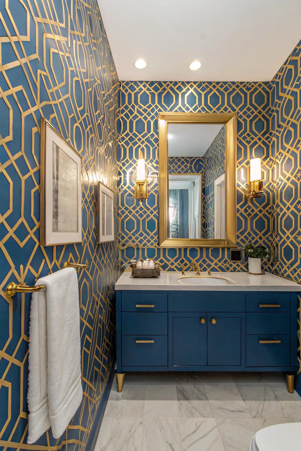 Dramatic wallpaper transforms the space into a showstopper.