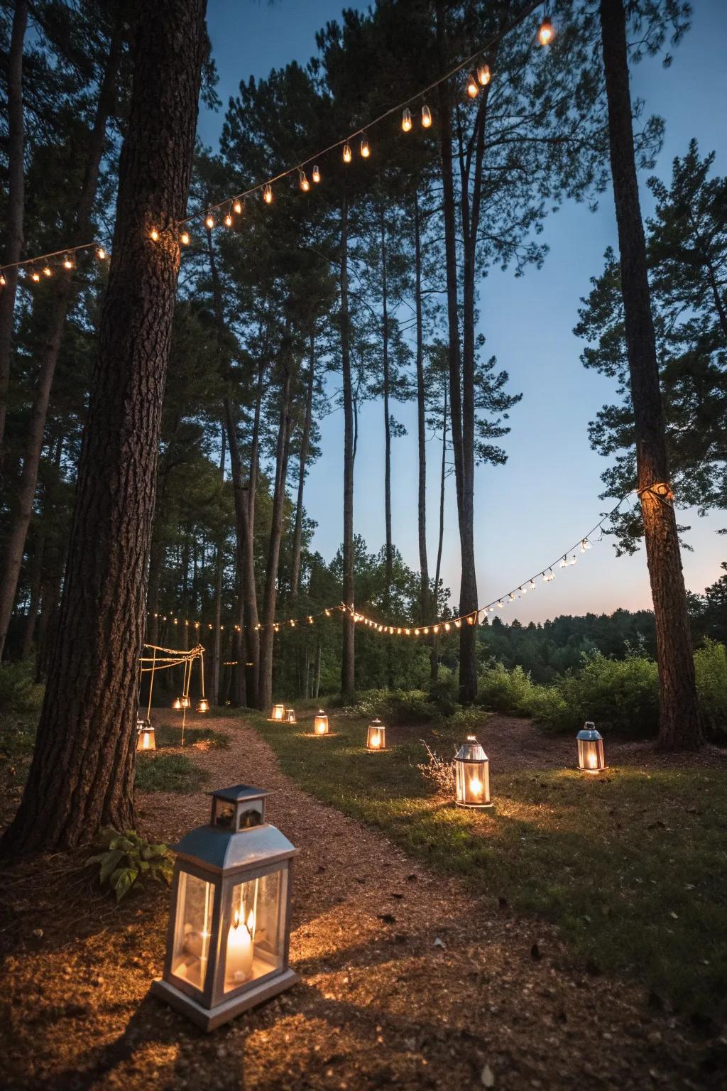Subtle lighting adds a magical touch to your backyard forest at night.