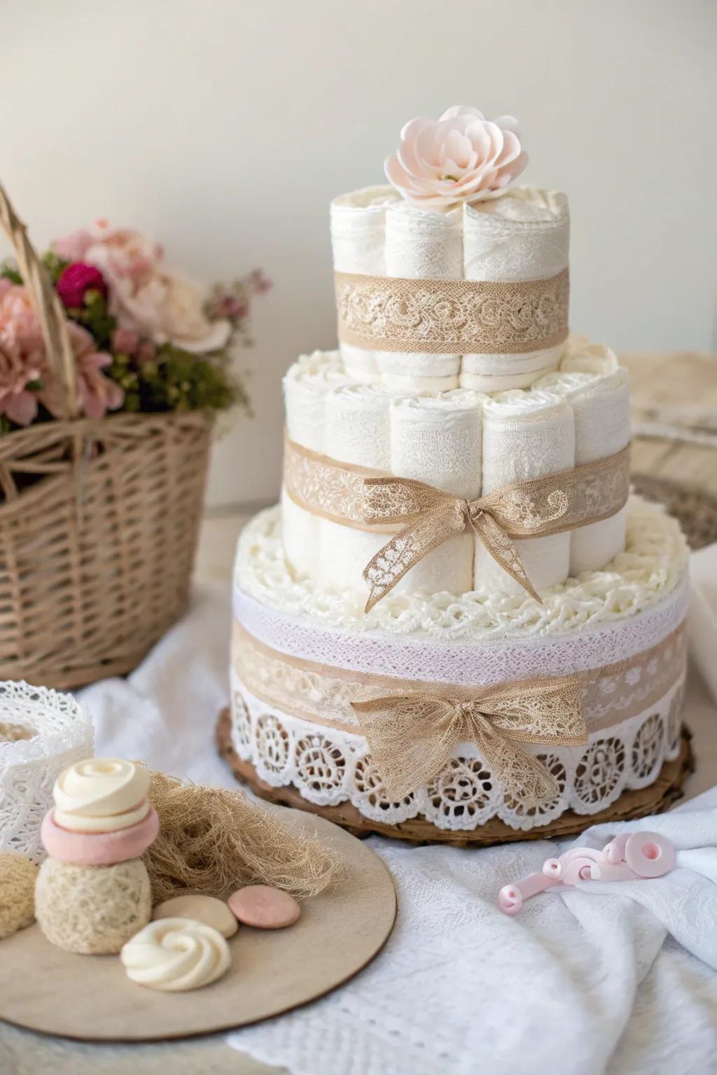 Embrace vintage elegance with a lace-wrapped diaper cake, perfect for a little princess's nursery.