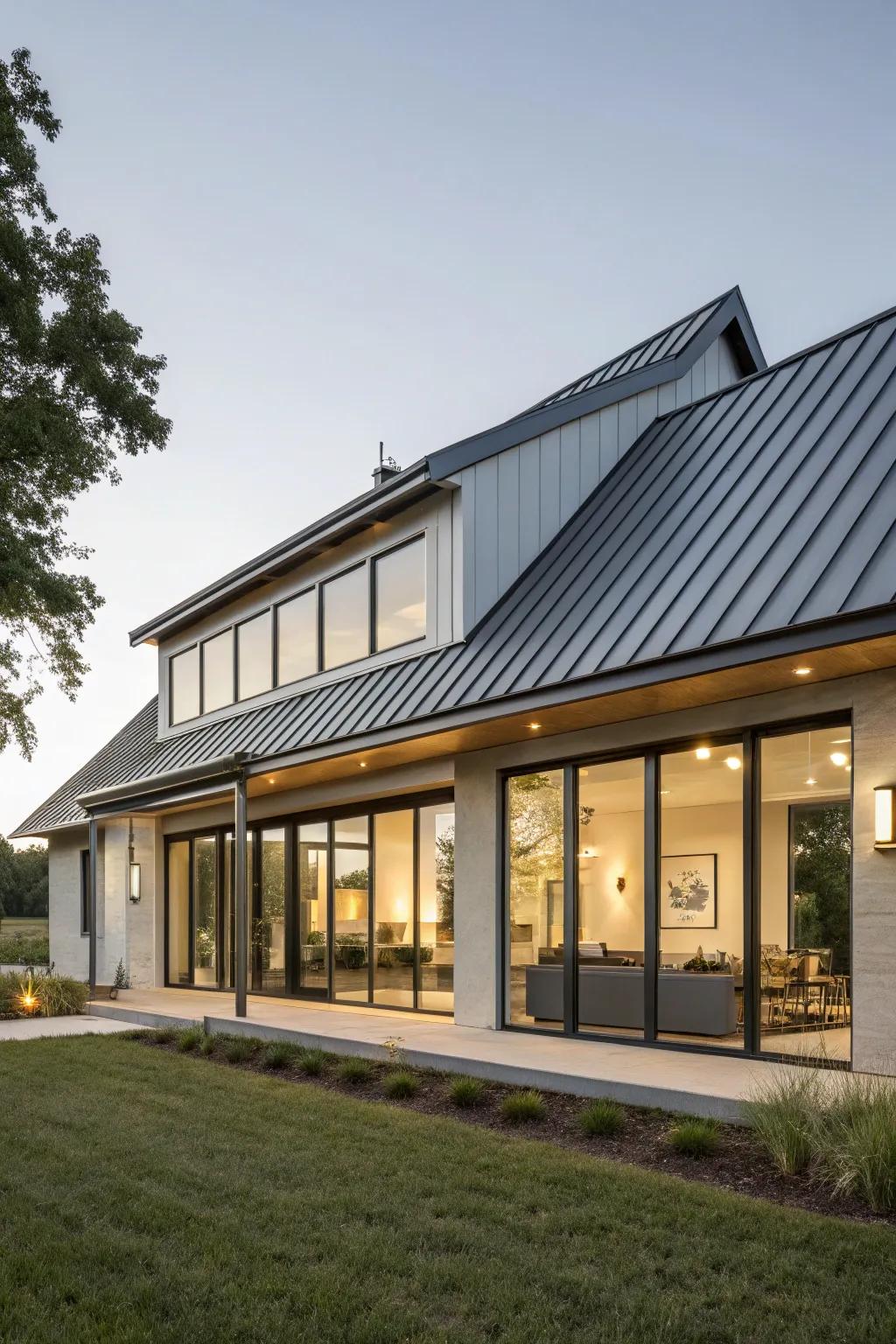 A modern house with a standing seam metal roof.
