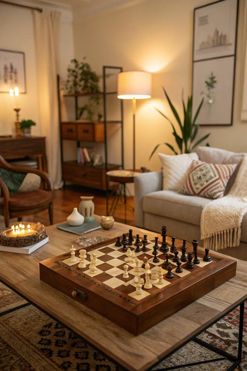 A chess board adds sophistication and playfulness to the living room.