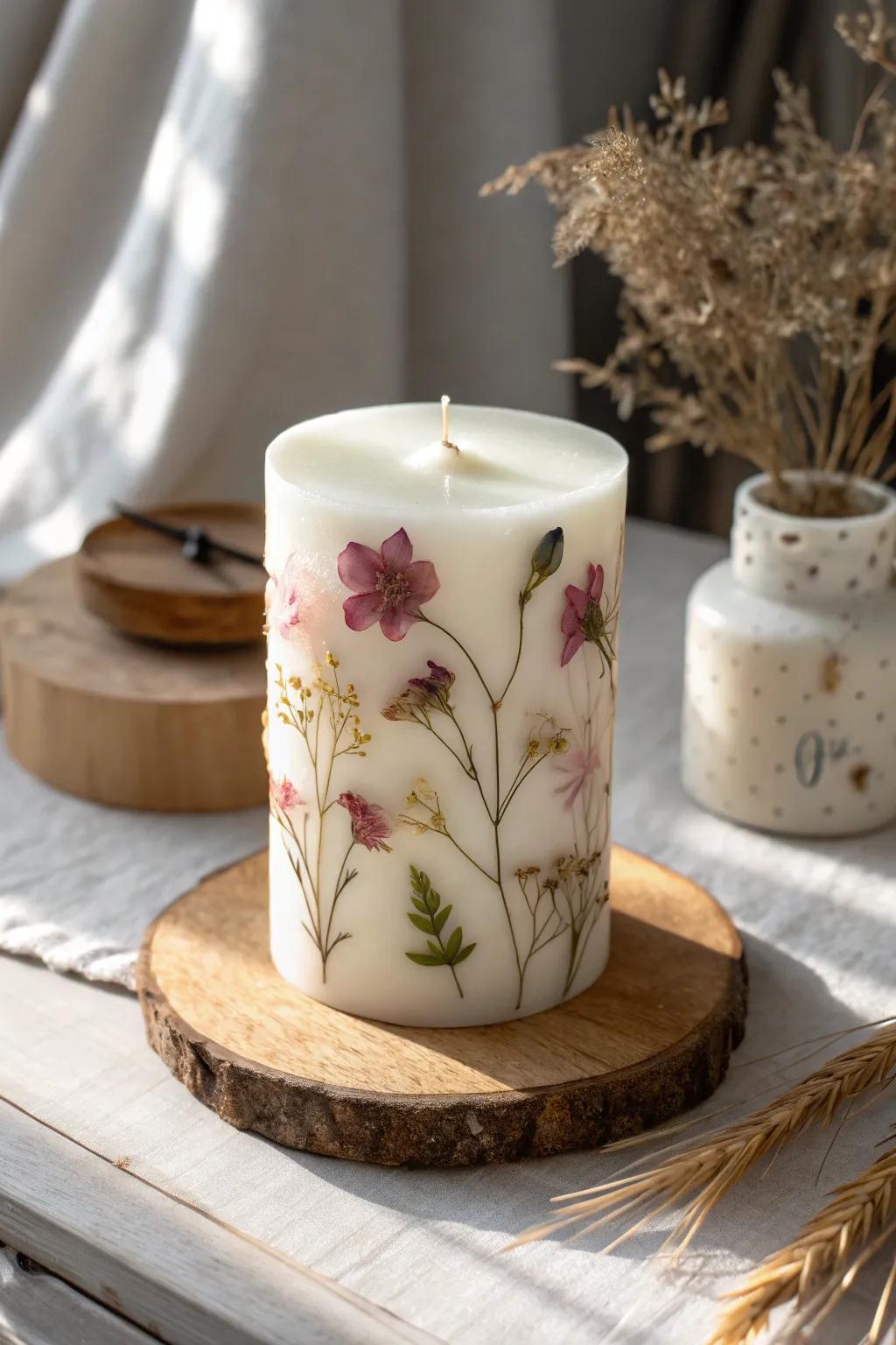Capture the essence of springtime with these enchanting pressed flower candles.