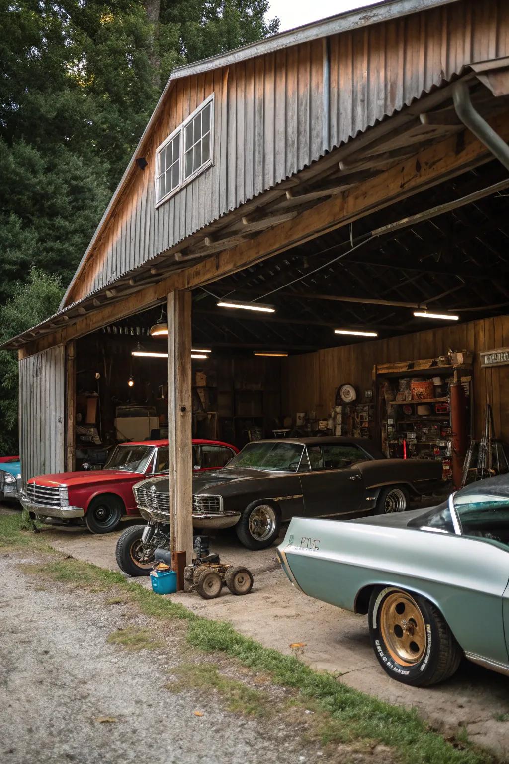 A classic car showcased in a rustic garage setting.