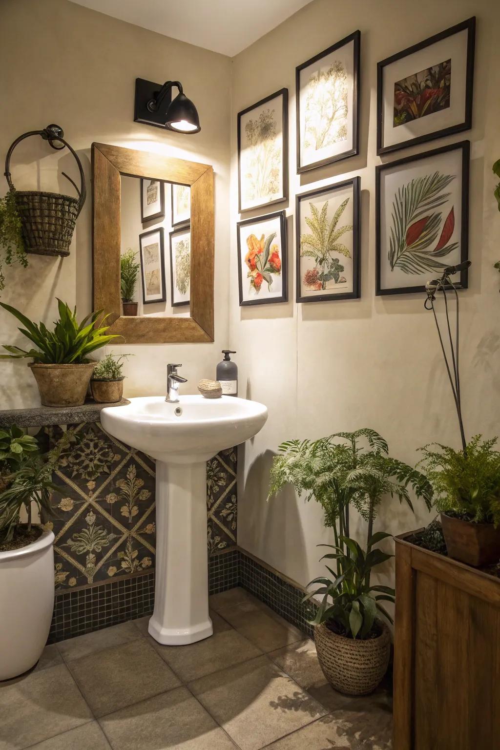 Bathroom with an artistic flair and natural elements.