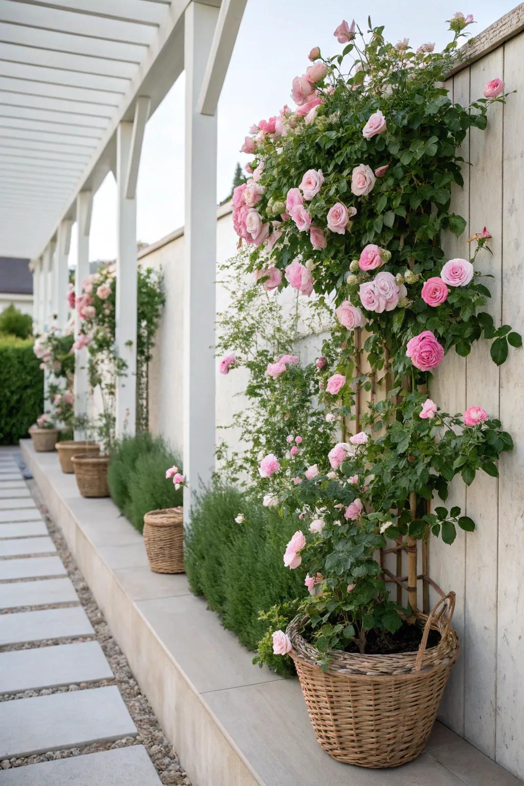 Embrace natural beauty and privacy with a stunning rose hedge in your garden sanctuary.