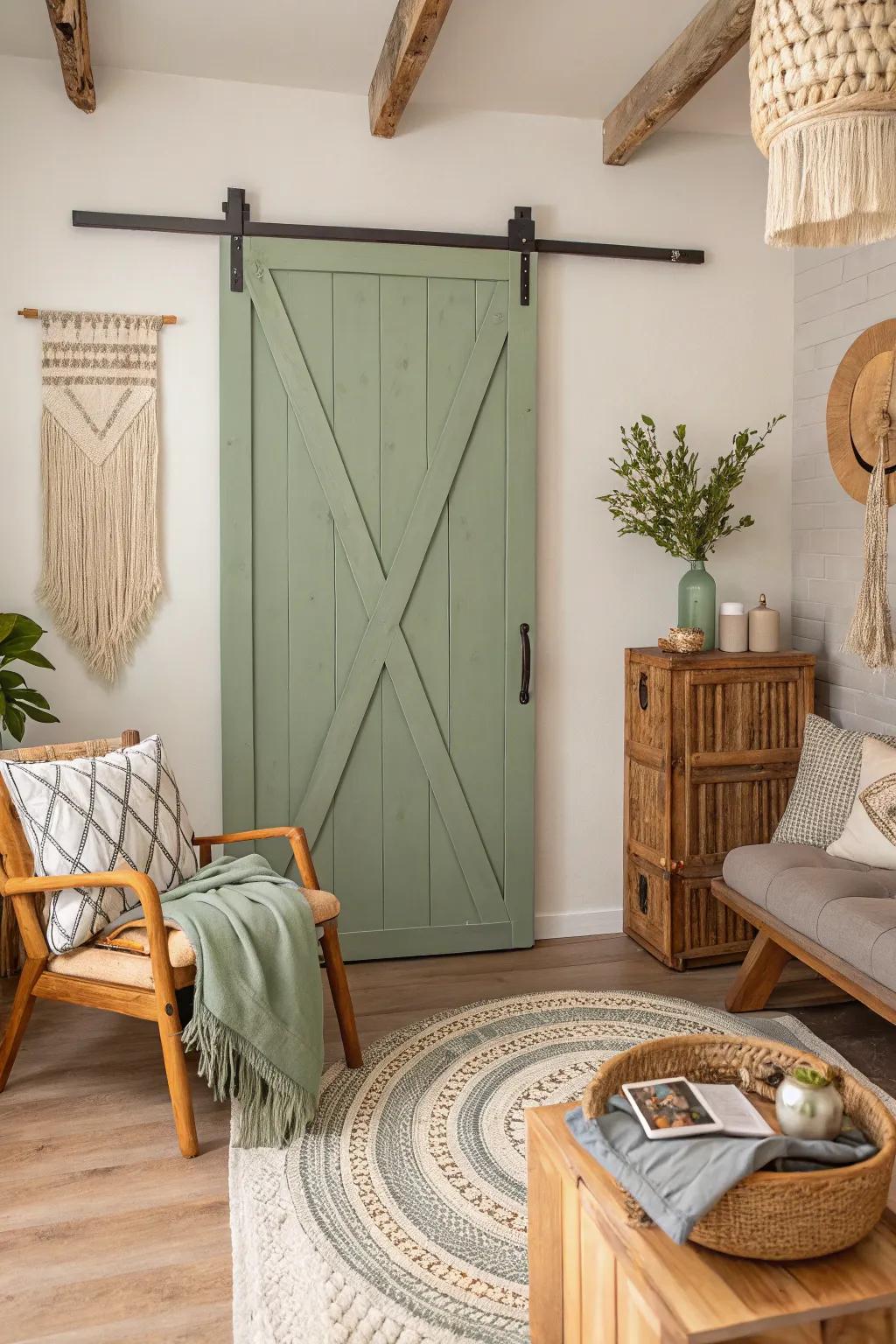 Sage green barn doors bring a calming, earthy vibe.