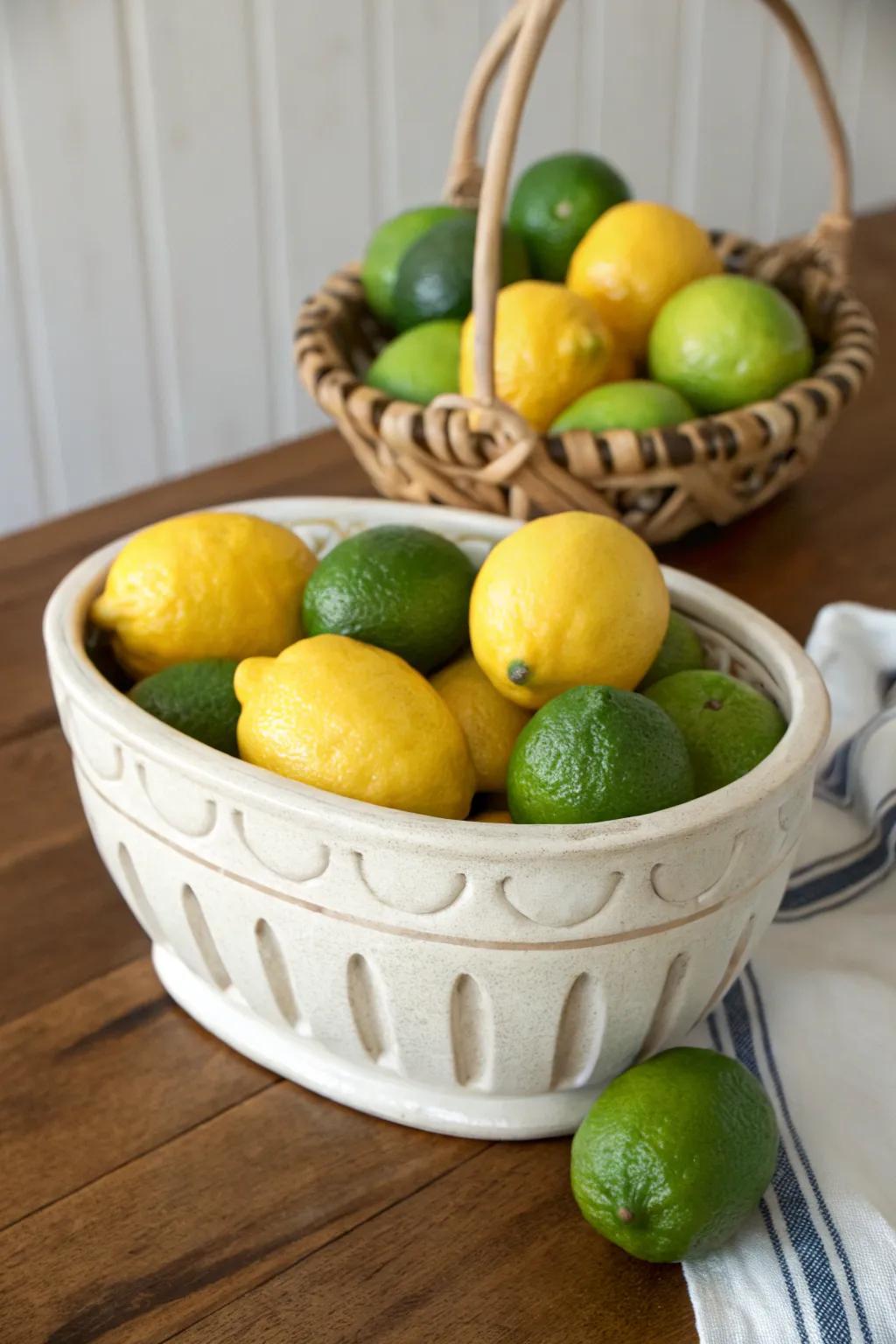 A charming ceramic berry basket filled with citrus.