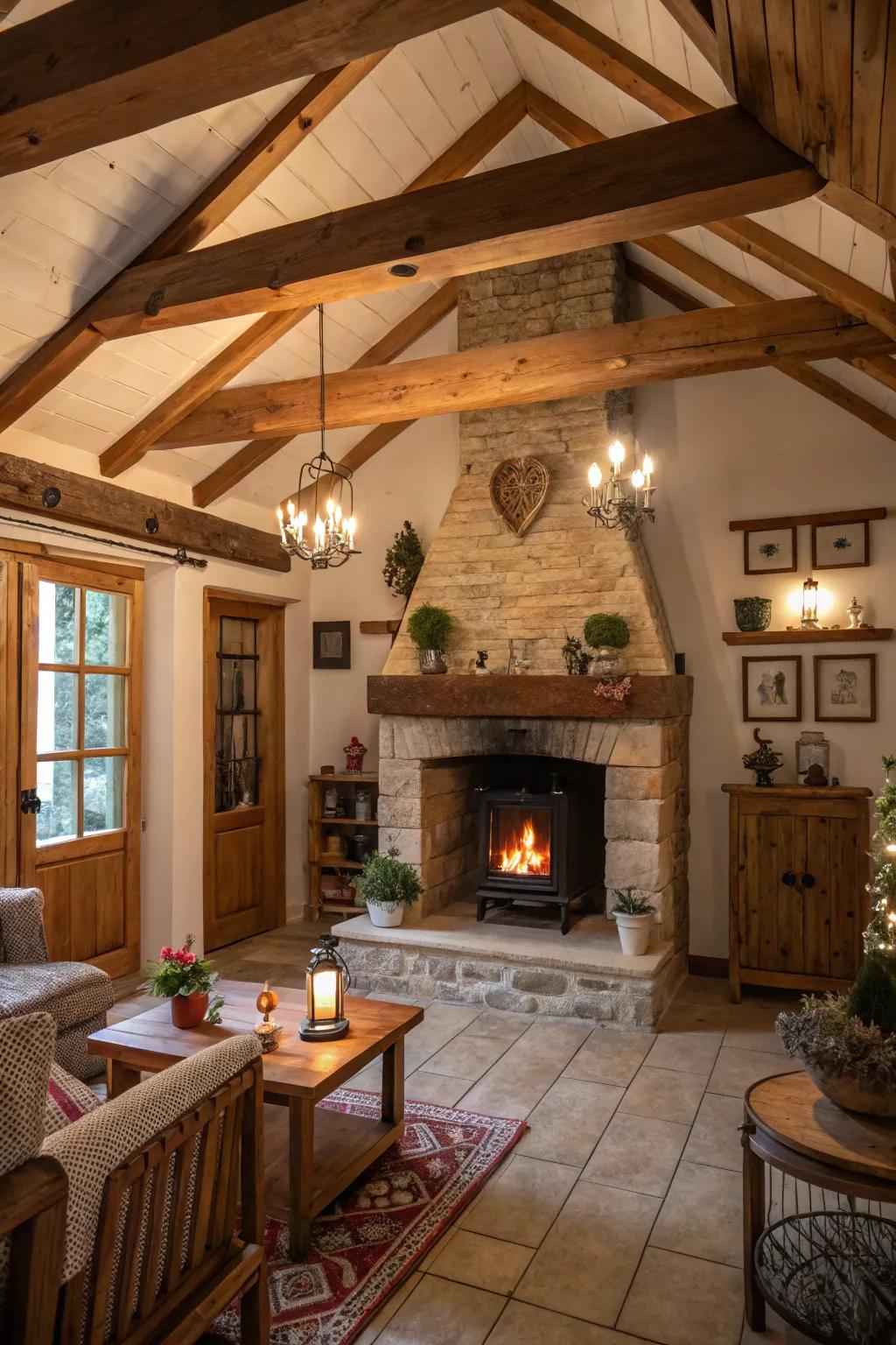 Wood accents add a rustic touch to the cozy fireplace setting.