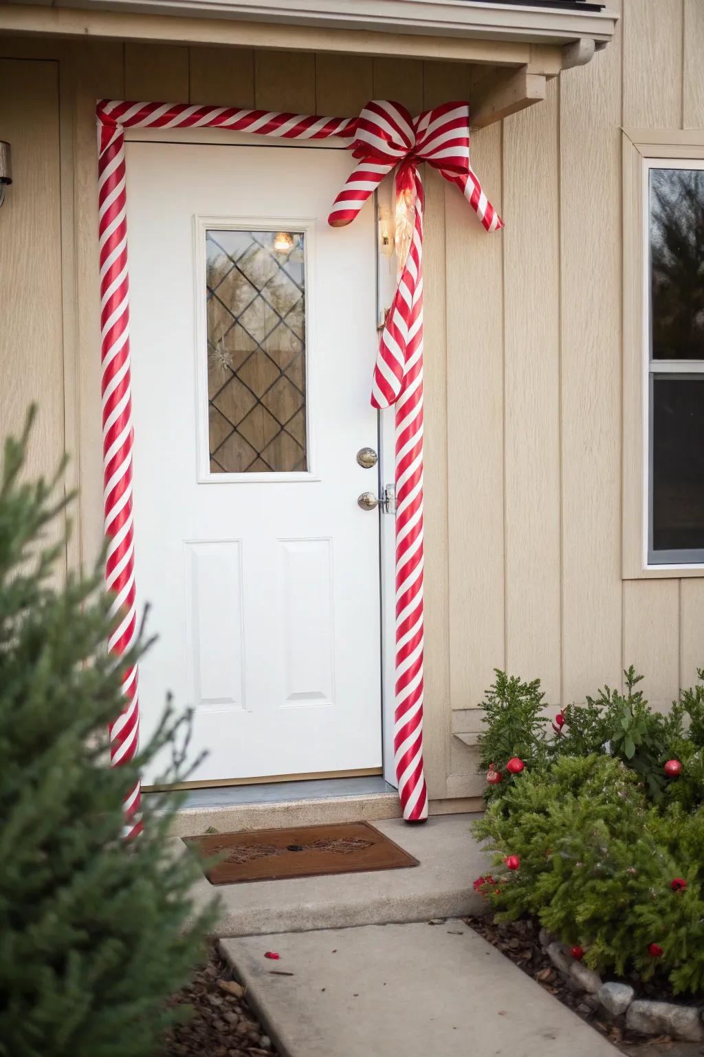 A candy cane-striped door frame for Christmas