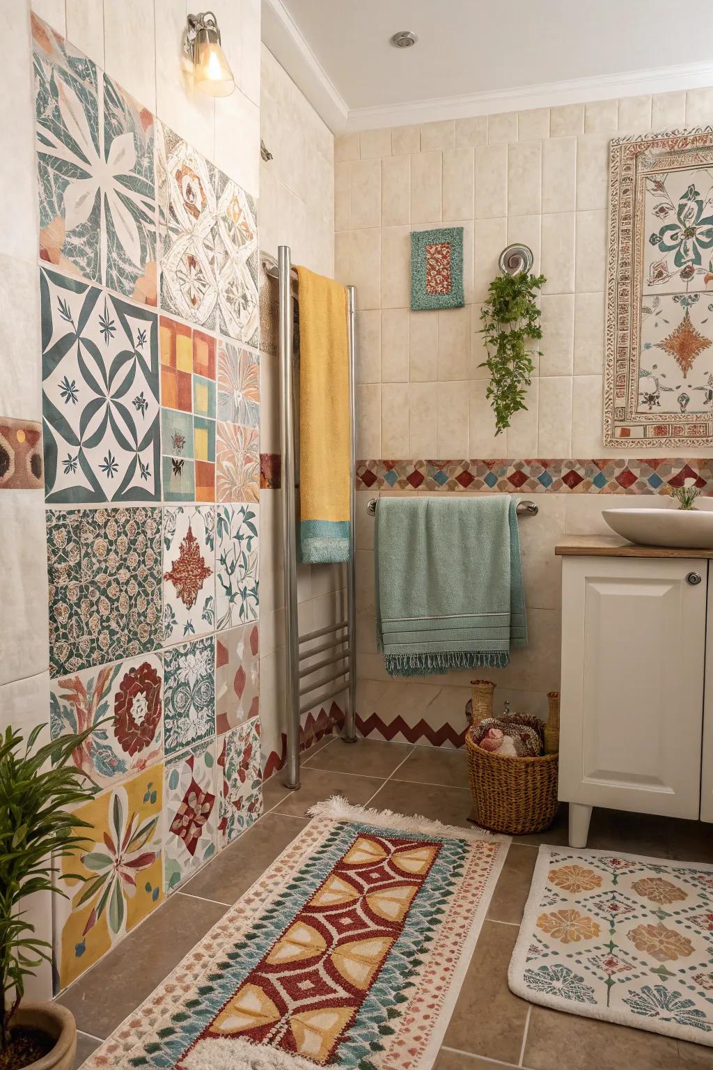 Mix and match patterns keep the bathroom visually stimulating.