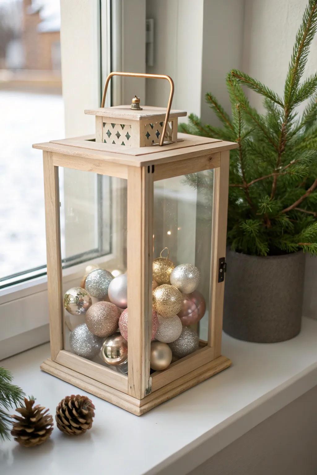 Elevate your holiday decor with a Scandinavian-inspired lantern filled with shimmering baubles. Simple, elegant, and undeniably festive.