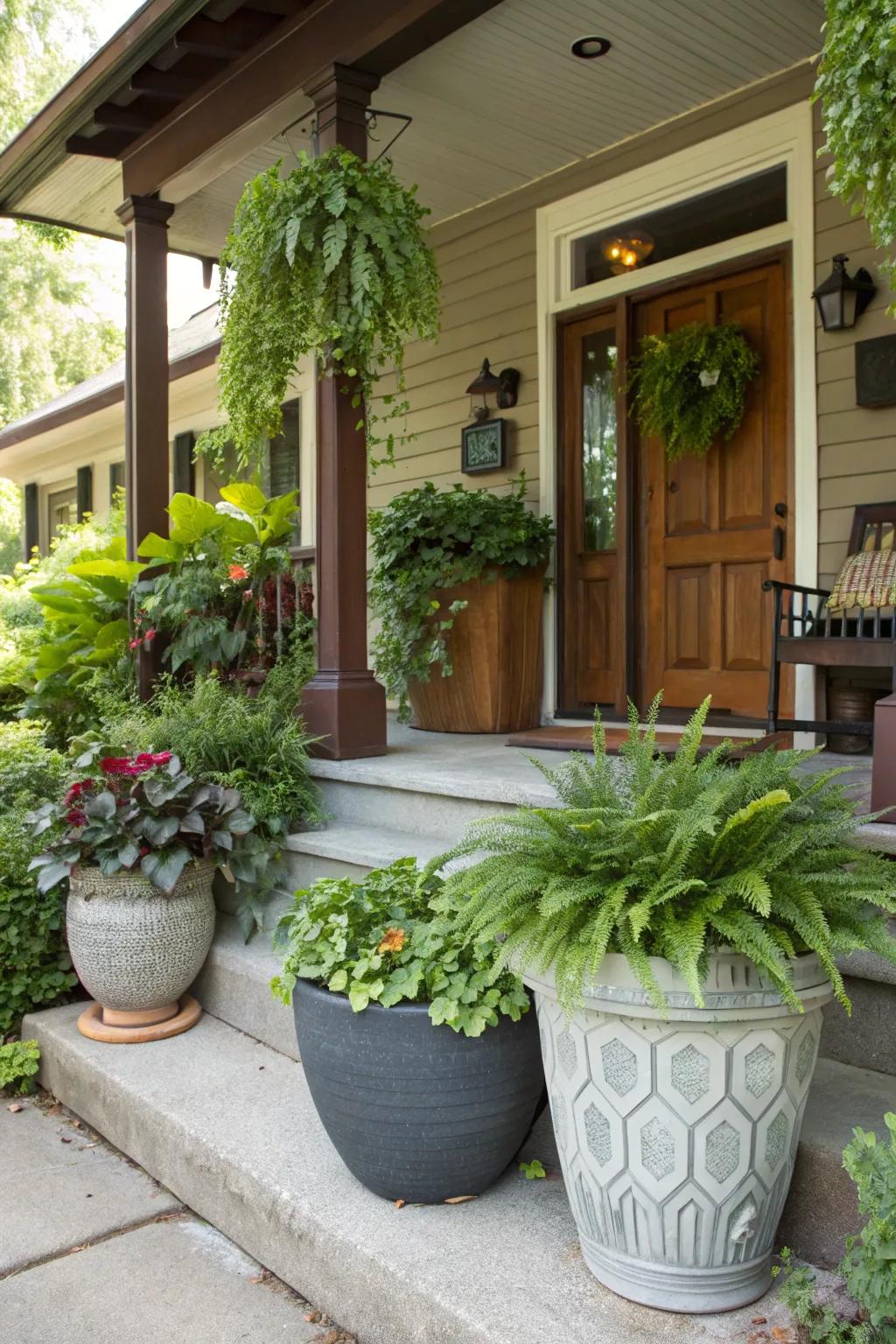 Diverse planters bring life and texture to your porch.