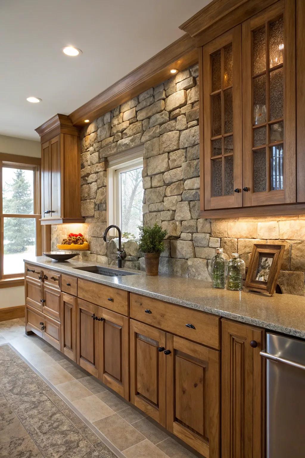 Stone and wood elements create a harmonious and balanced kitchen design.