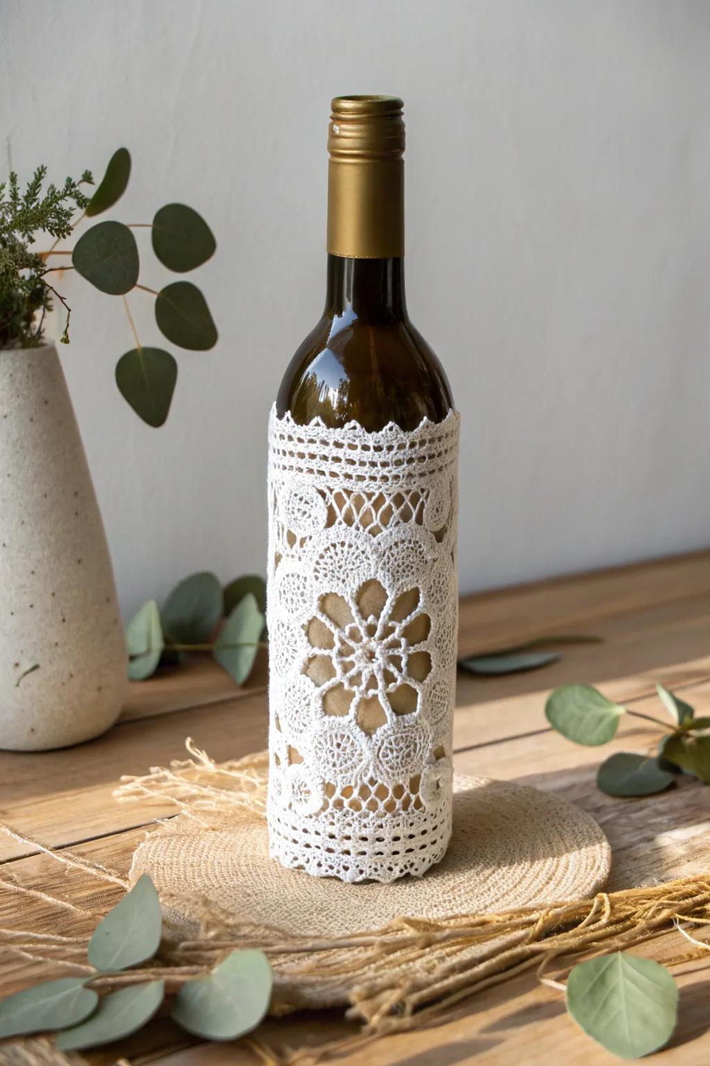Elevate your decor with the timeless elegance of doily-wrapped wine bottles.