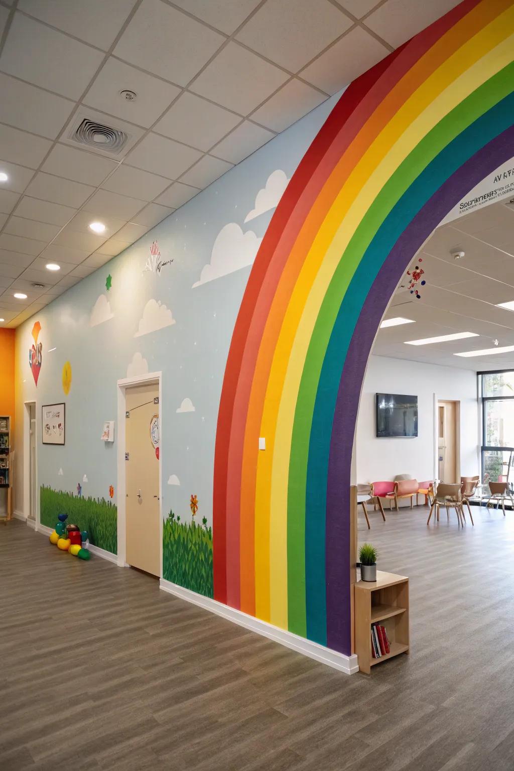 A captivating rainbow wall mural brings the room to life.