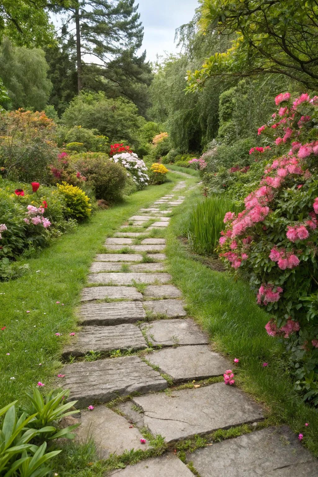 A stone walkway naturally integrated with grass.