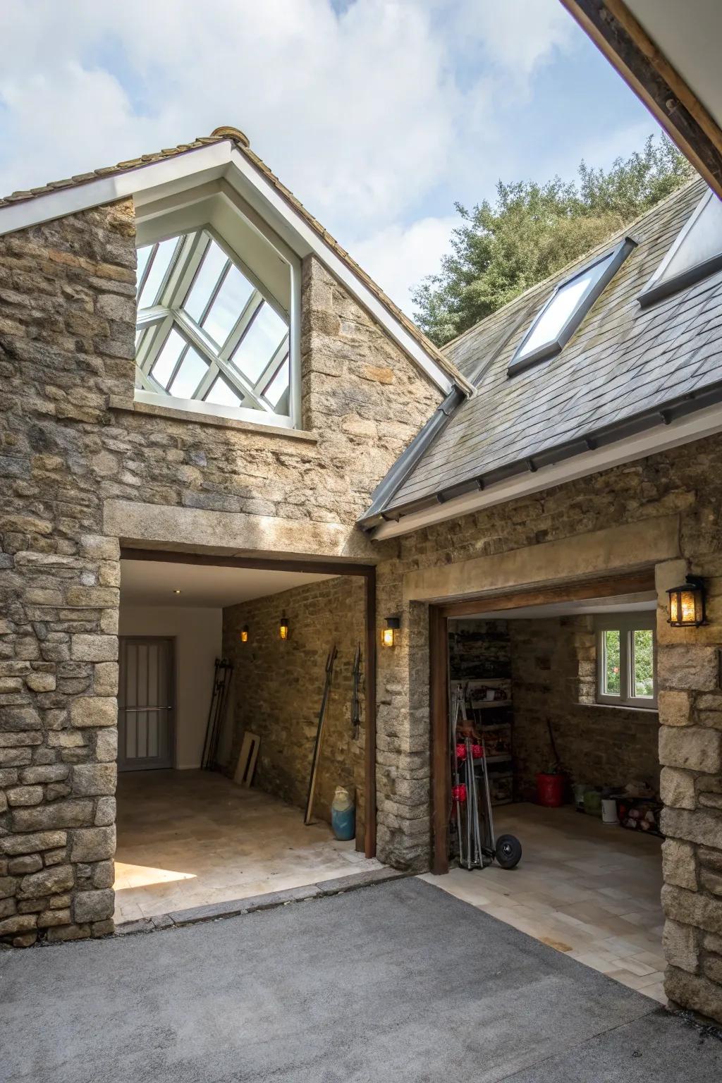 Skylights brighten up the stone garage with natural light.