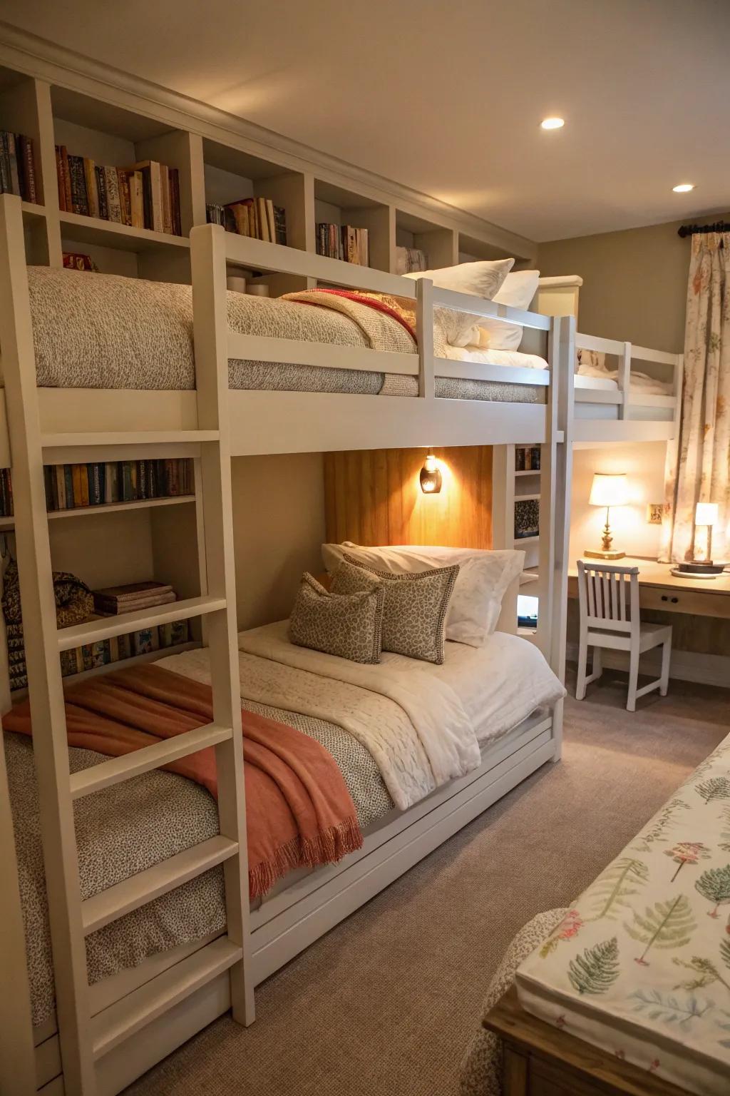 Warm lighting enhances the cozy and inviting atmosphere of these quad bunk beds.