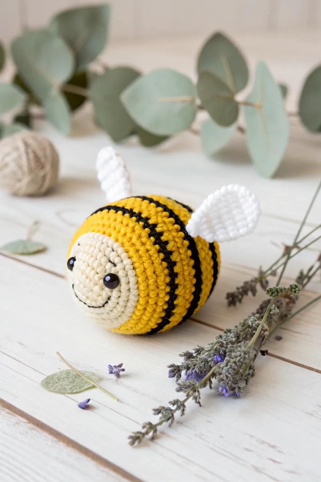 This adorable crochet bumblebee brings a cheerful buzz to your space with its vibrant charm and artisanal elegance.