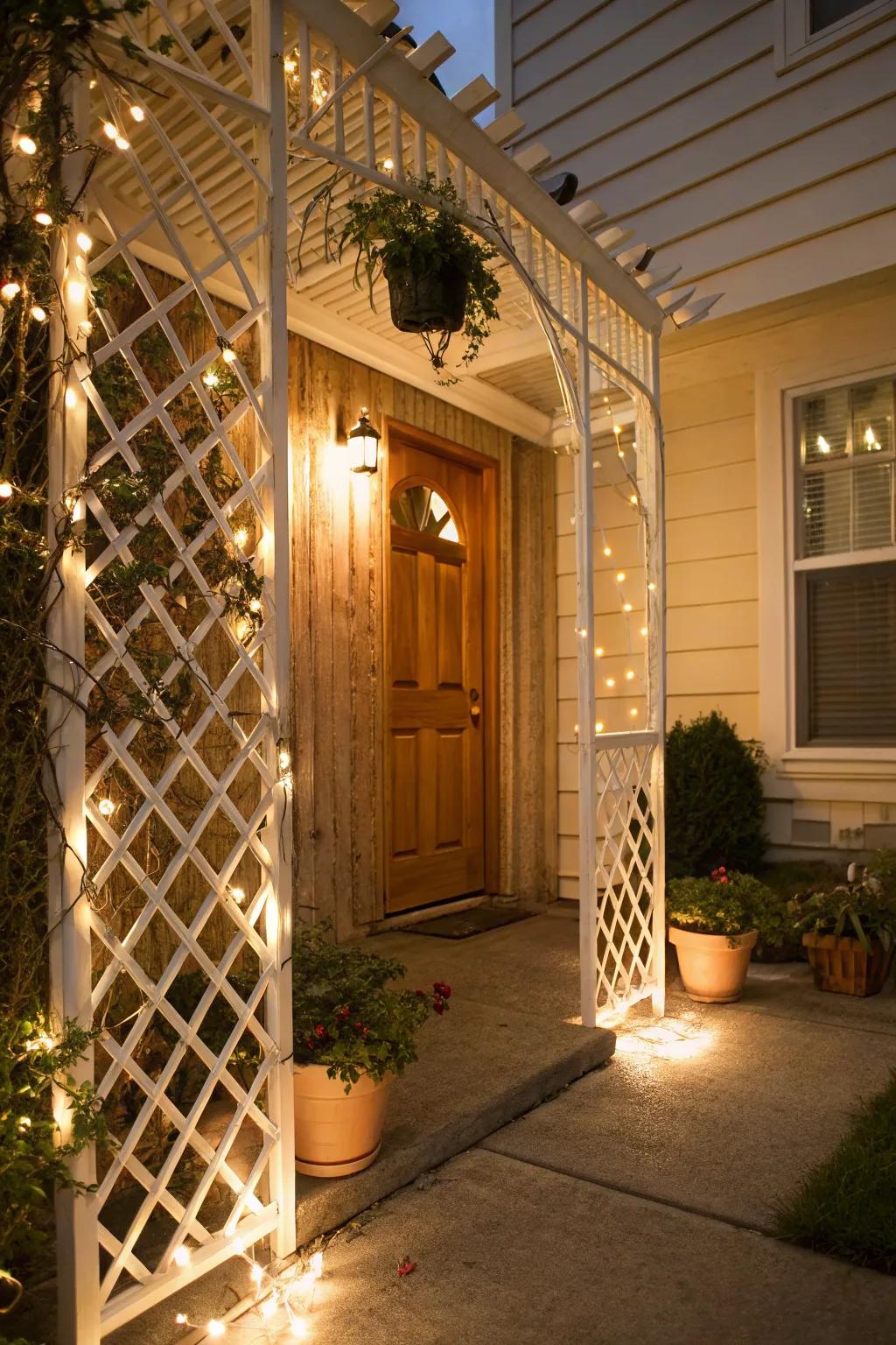 Illuminate your porch with string lights woven into lattice.