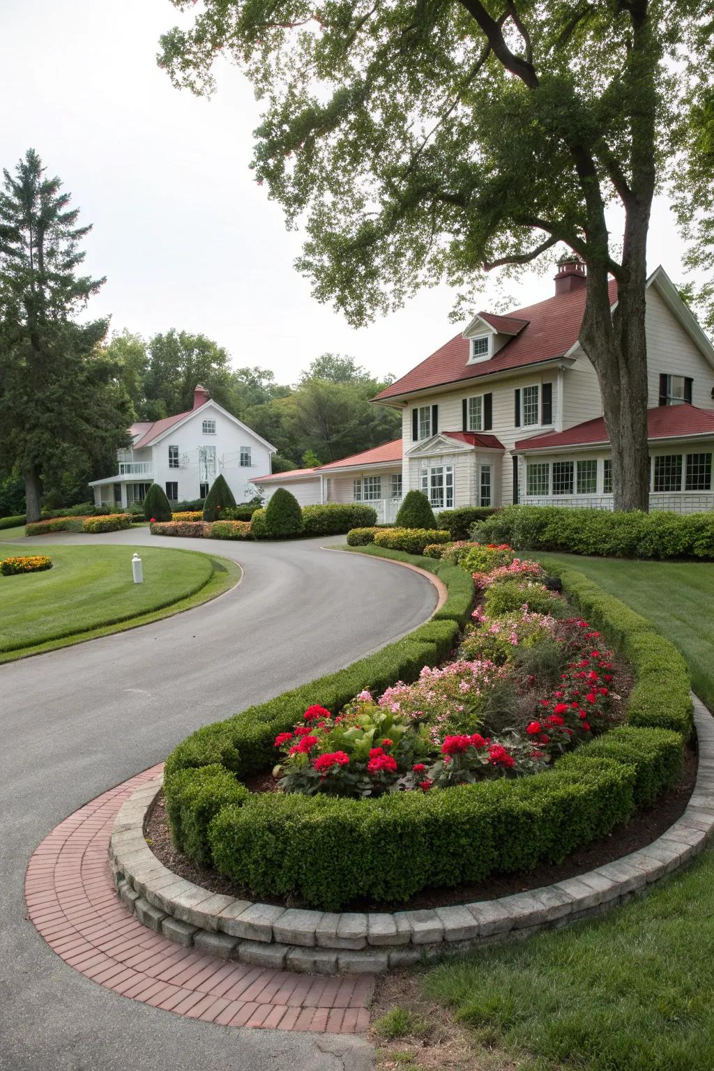 A vibrant central island within a circular driveway.