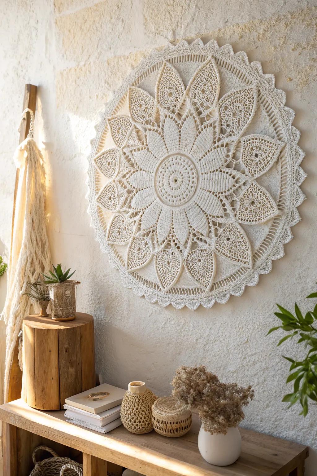 Elevate your decor with the delicate charm of three-dimensional doily art, where simplicity meets craftsmanship.