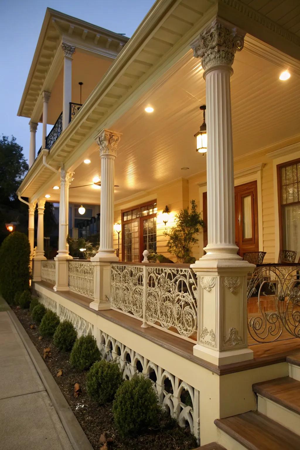 Architectural elements enhanced with paint and trim on a large porch.